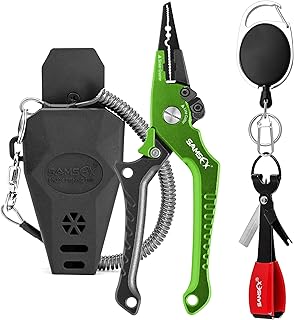 SAMSFX Aluminum Saltwater Fishing Pliers Locking with Quick Nail Knot Tying Tool and Zinger Retractor (Green & Gray Handle-7'' Split Ring Nose, Fishing Knot Tying Tool)