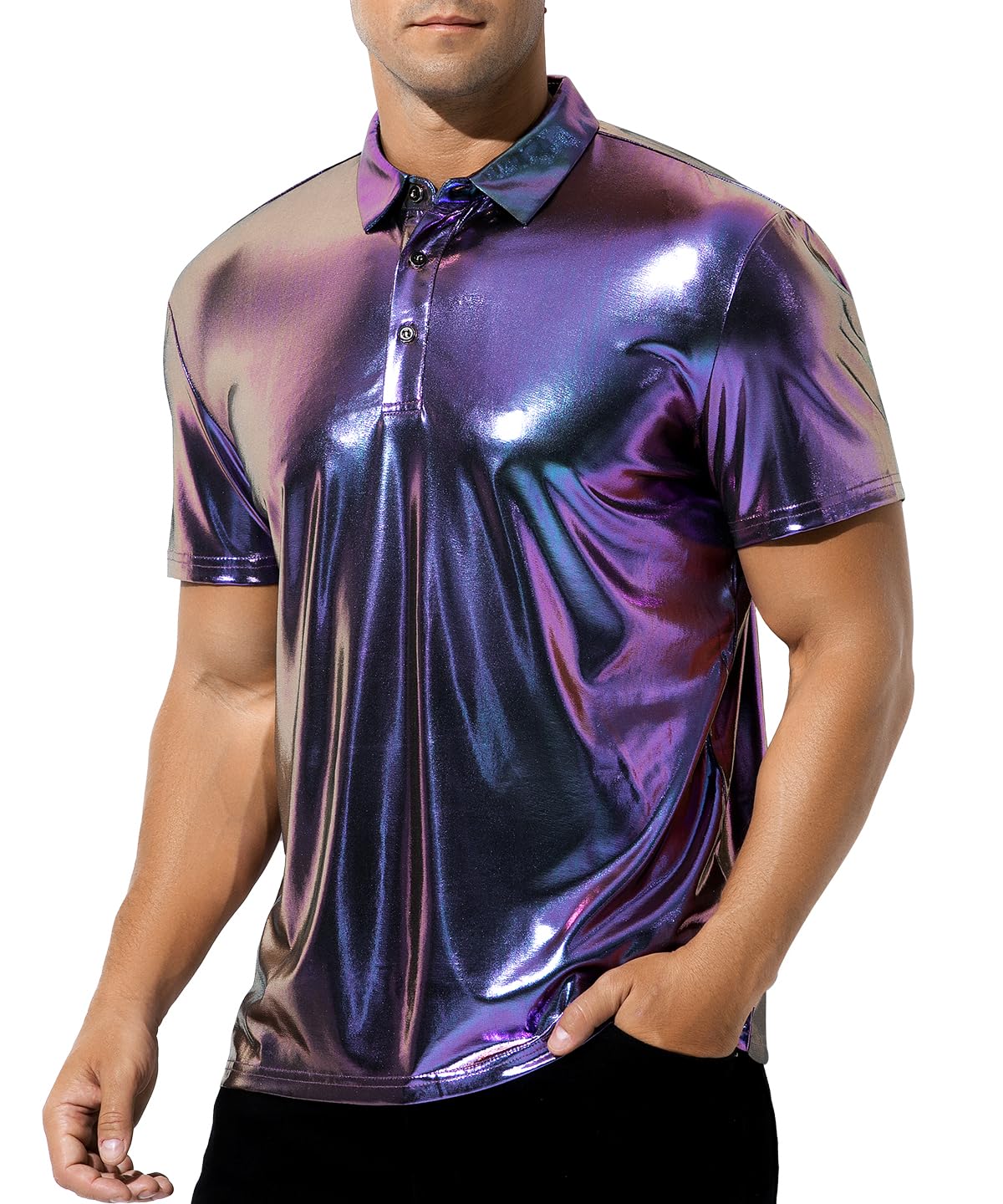 Casey Kevin Men's Metallic Polo Shirt 70s Disco Outfit Holographic Rave Short Sleeves Rave Shirt Top
