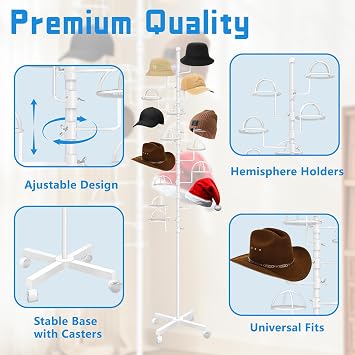 Montex Freestanding Hat Rack Stand, Wig Display Stand, Metal Hat Organizer Rack with 14 Customisable Circular Hooks, Hats Tree Stand Floor Standing Hat Display, White
