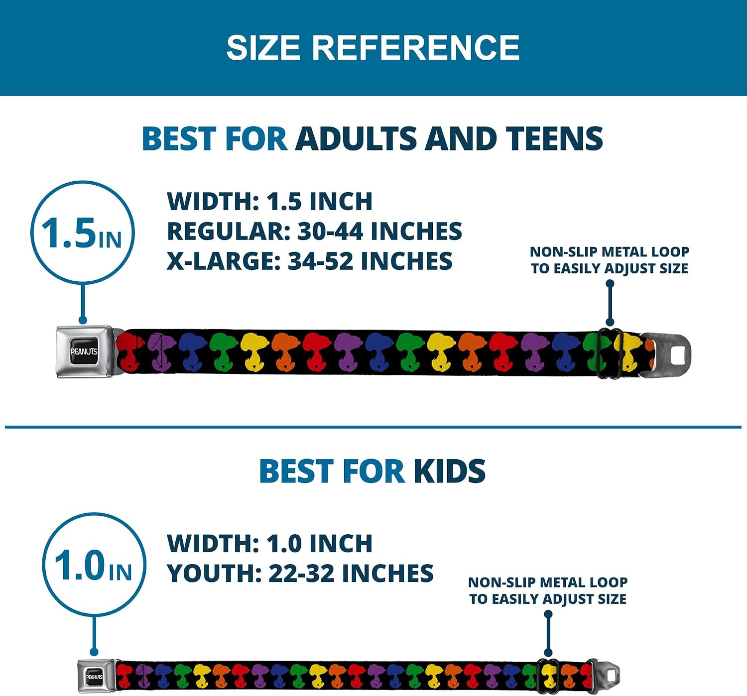 Peanuts Worldwide LLC Belt, Seatbelt Buckle Belt, Peanuts Snoopy Silhoutte Pose Rainbow Multi Color, Adjustable