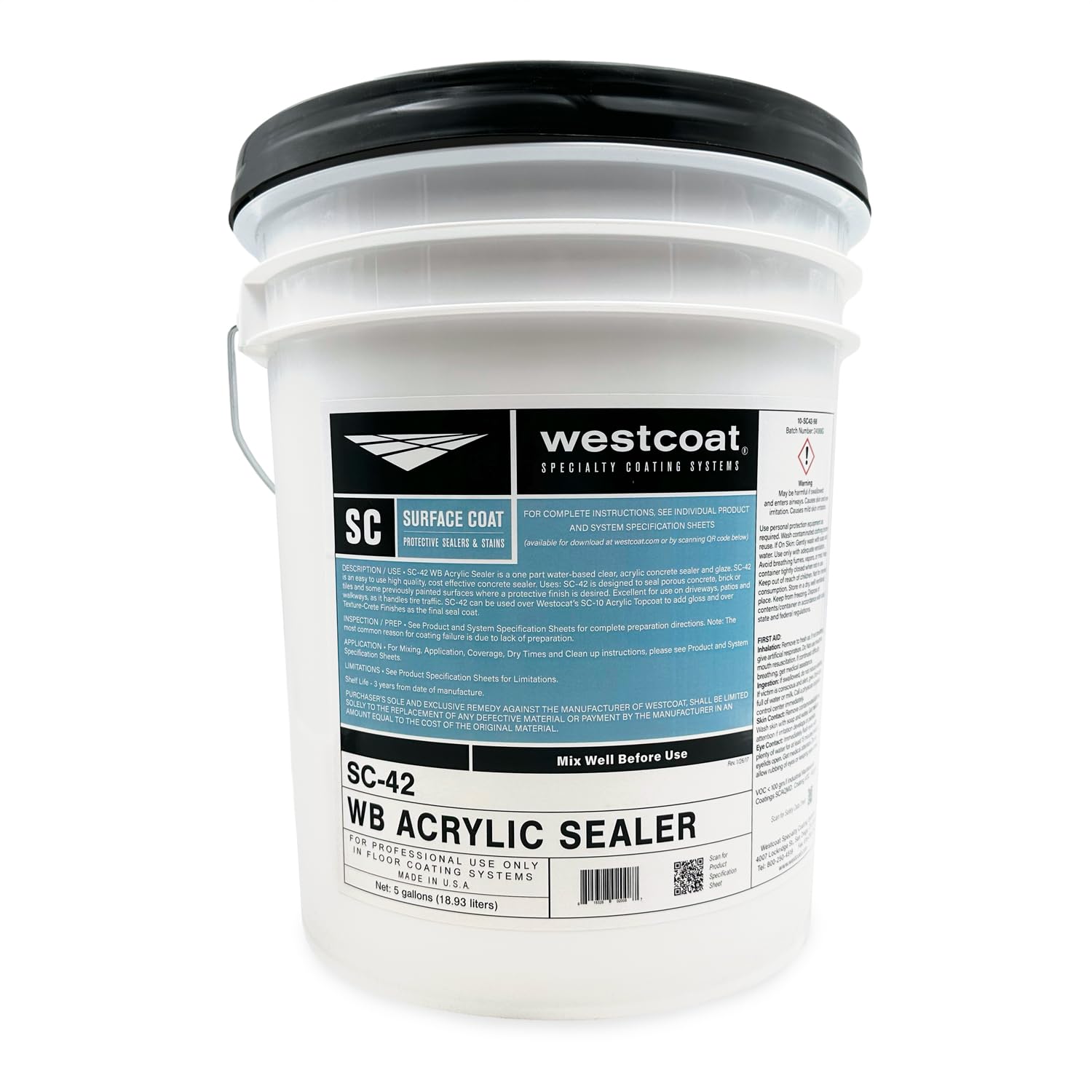 Westcoat SC-42 Water-Based Acrylic Concrete Sealer | Clear | Semi-Gloss | 5-Gallon | Seals Interior Floor, Driveway, Patio, and Walkway Concrete