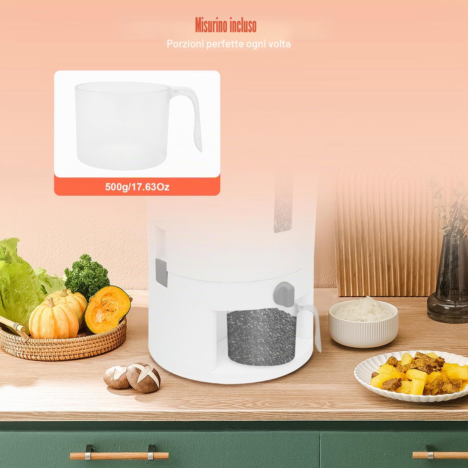 Contenitore per Conservazione Alimenti 6kg/10kg Reisspender, Contenitore per Riso con Misurino Graduato, Ermetico e Resistente all'Umidità, per Riso Nero, Riso Giallo, Riso (10kg)