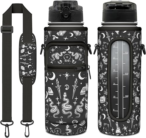 Goth Moon - Botella de agua de medio galón con funda de 32 onzas, tapa abatible, sin BPA, jarra de agua motivacional a prueba de fugas, regalos