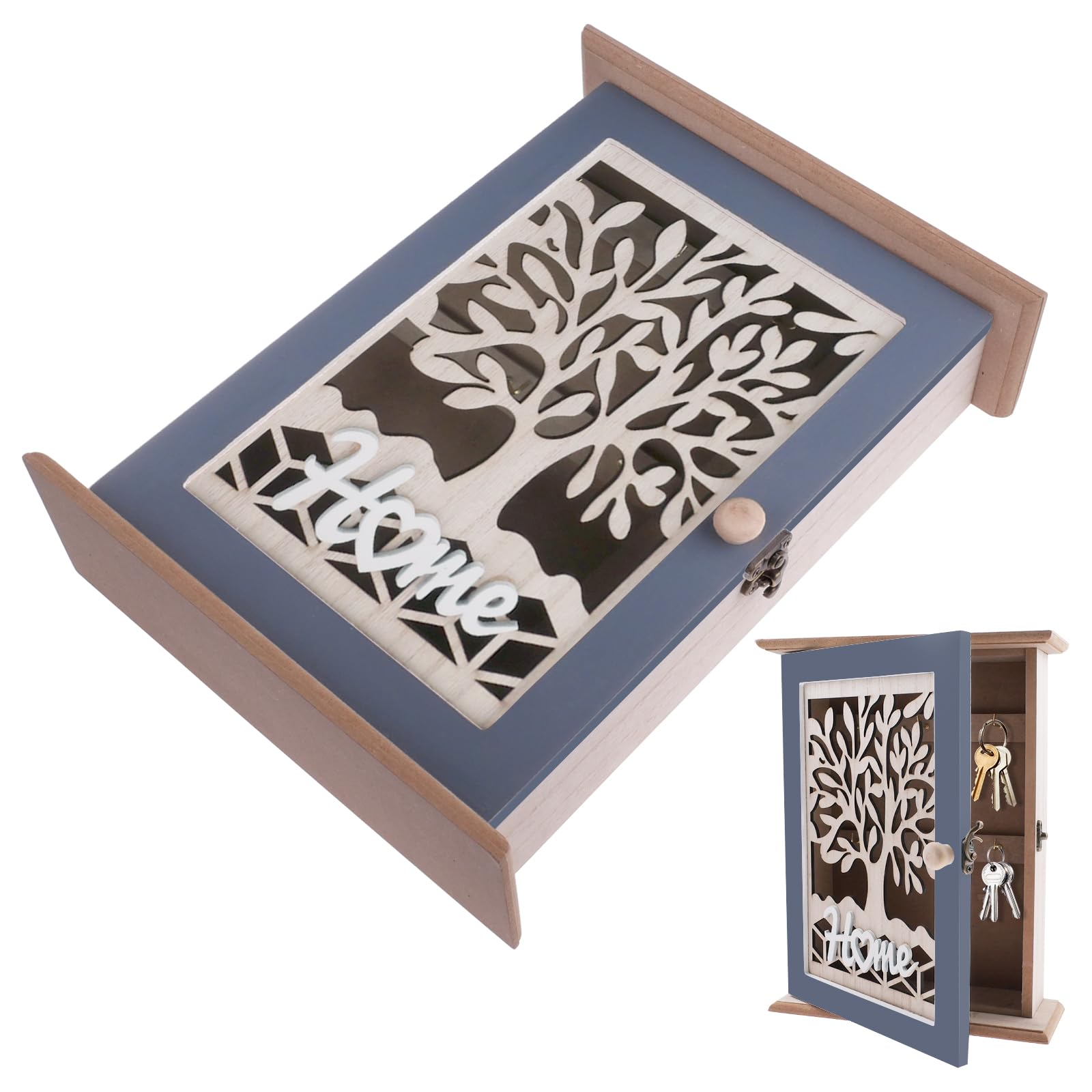 Schlüsselkasten Sparkasten Schlüsselschrank Holz Schlüsselkasten Modern mit Lebensbaum Schlüsselschrank 6 Schlüsselhaken für Eingang,Flur,Büro Schlüsselhalter 28.5 * 22 * 7cm