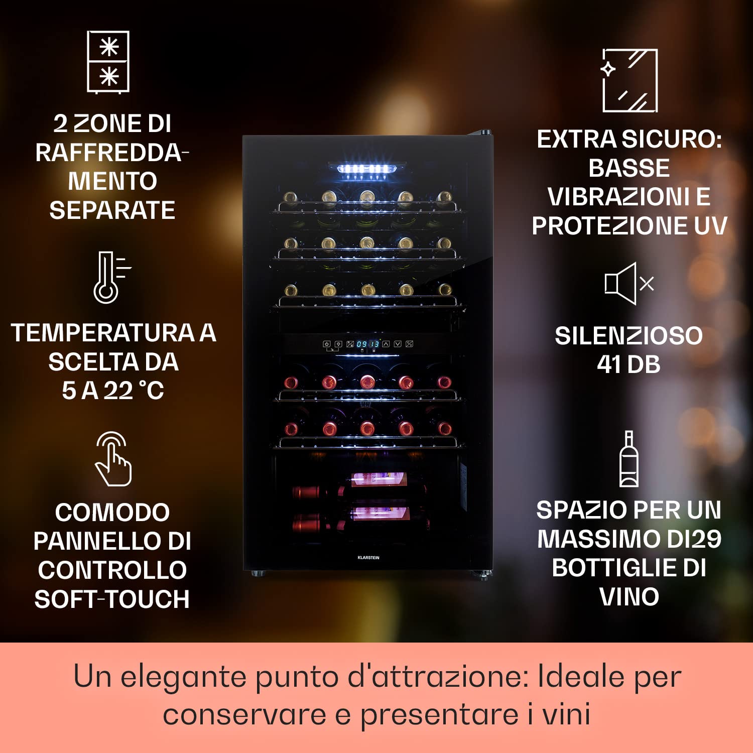 KLARSTEIN Cantinetta Vino Design, Cantinetta Vino Refrigerata a Zona Doppia per Vino Rosso, Bianco e Birra, Controlli Touch, Frigo Vino Cantinetta per Esterno/Interno, 5-22°C, 80L, 29 Bottiglie