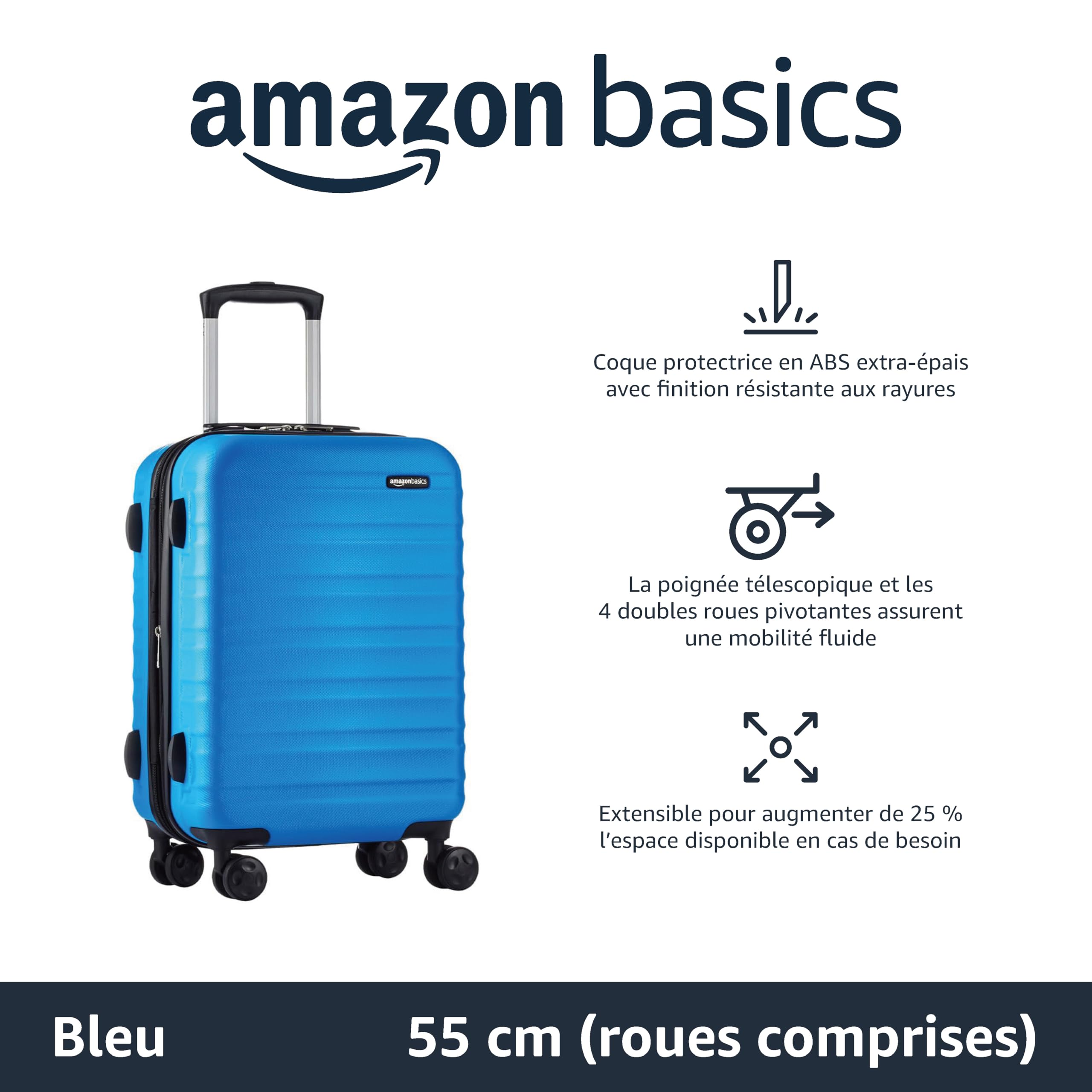 Amazon Basics Bagage de Cabine Extensible Rigide - Bagage de Voyage en ABS avec 4 Doubles Roues Rotatives - Structure Légère  - 1
