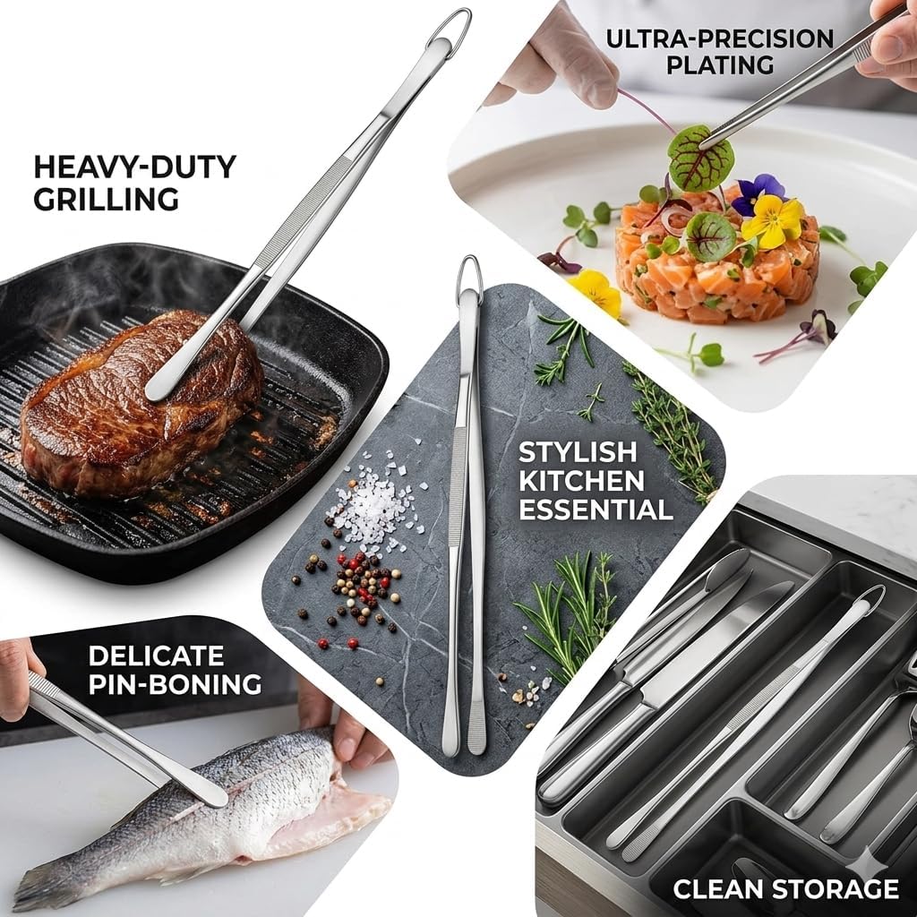 12 Inch Kitchen Tweezers, Stainless Steel Cooking Tweezer Tongs with Hook