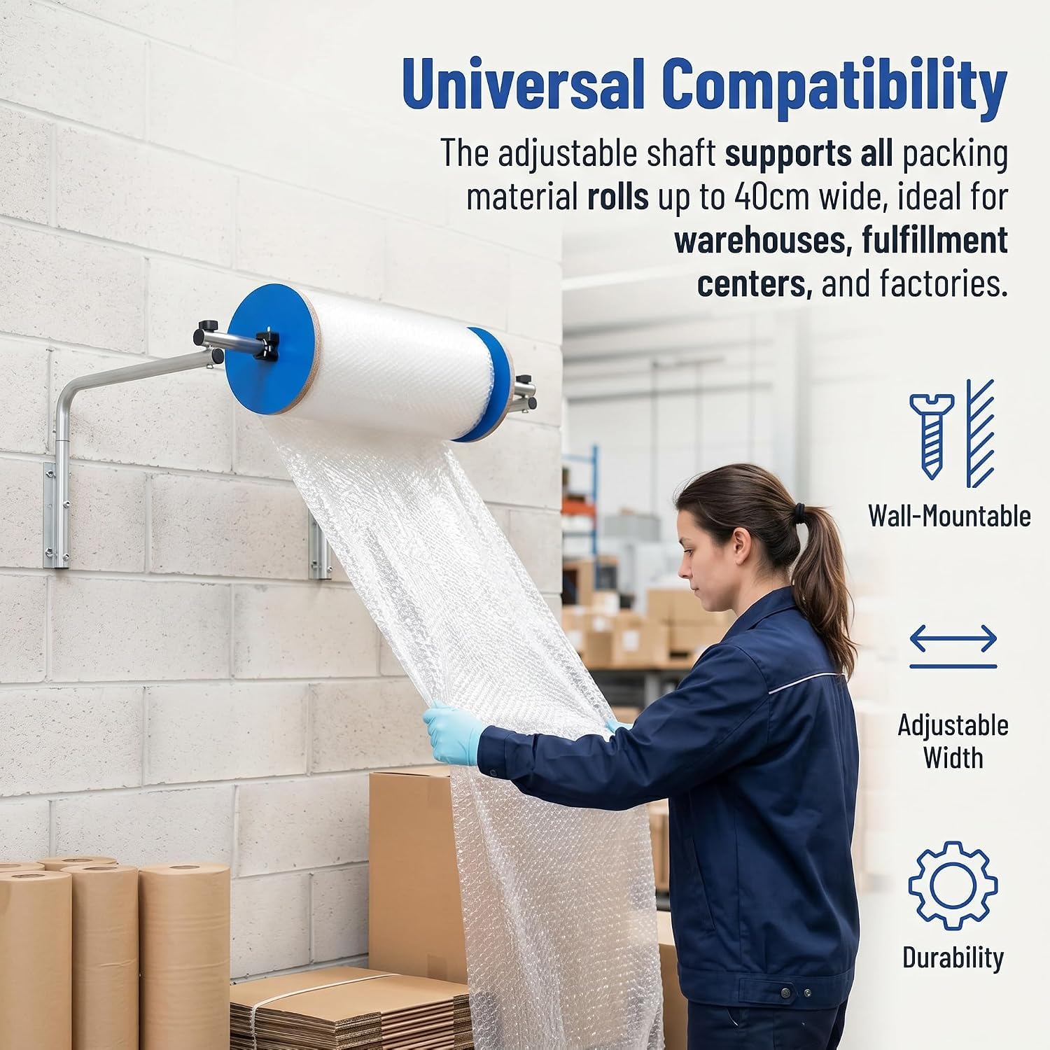 Dispenser per Rotolo di Pluriball da Parete, 40 Cm, Manuale, in Acciaio Zincato, Facile da Installare, per Imballaggio, Trasloco E Spedizione.