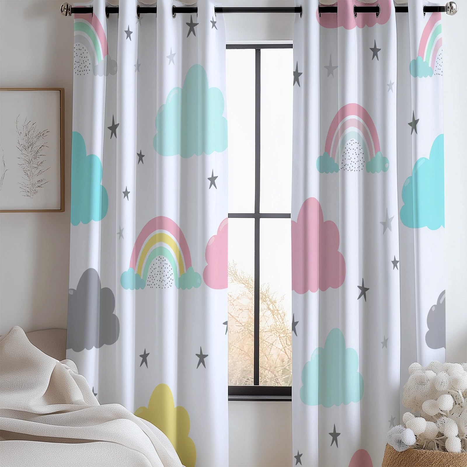 Cortinas de Ventana 140 x 260 cm (2 Paneles) Fáciles de Colgar, Estilo Simple Opacas Térmicas Aislantes del Frío y del Calor, Nubes De Dibujos Animados Arcoíris para Dormitorio o Sala de Estar