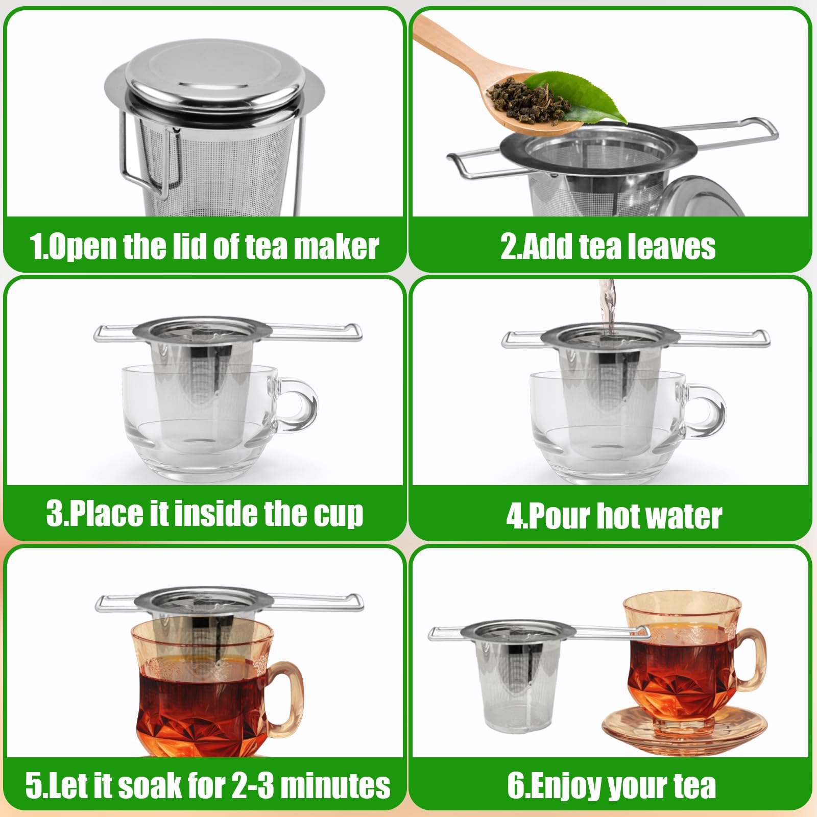 WinGluge Infusor de Te 304 Acero Inoxidable, Infusionador Universals, Filtros Te para Tazas Té de Hierbas, Colador Te con Tapa, Tea Infuser, Diseño de Mango Plegable, Neto Fina, para Teteras y Tazas