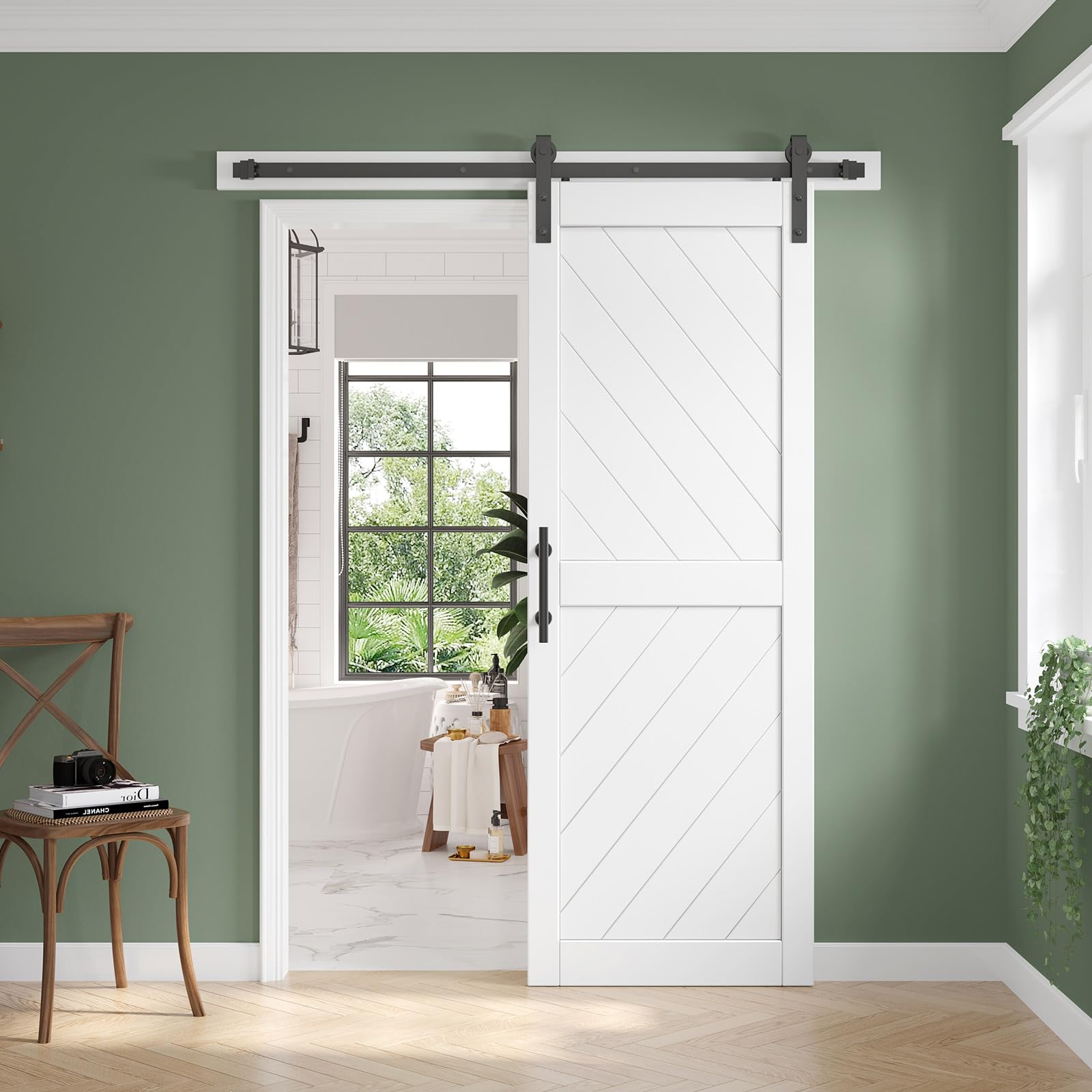 CEAKIAN 30 x 84 in Sliding Barn Door with 5.5FT Hardware Kit, Chevron Pattern