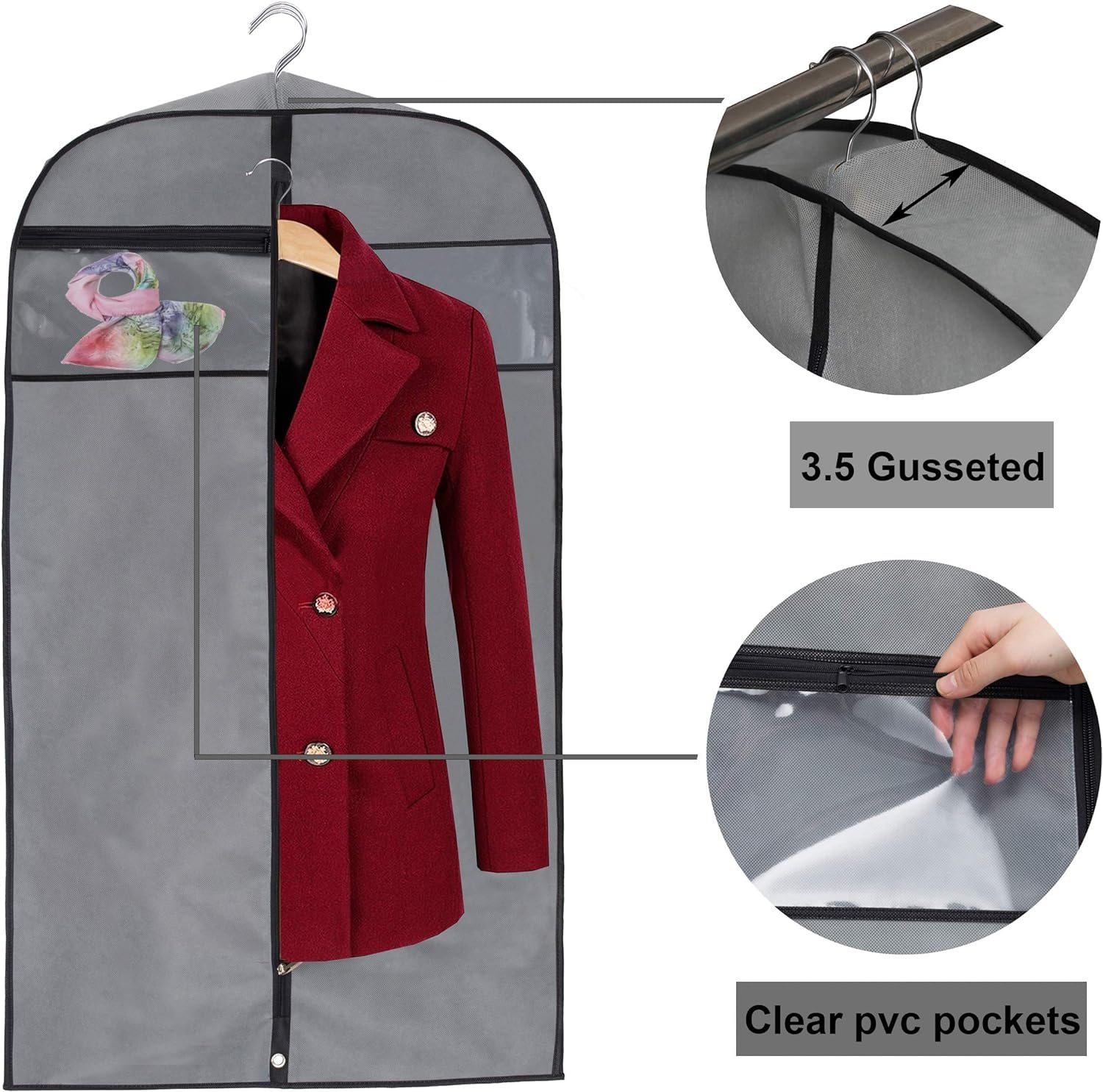 Bolsa De Traje Bolsas De Ropa De 50 "para Viajes, Bolsas De Traje Transpirables Con Ventana Transparente, Fundas Para Trajes, Camisas, Vestidos, Abrigos, 3 Uds. Para Almacenamiento De Vestidos(Grey)