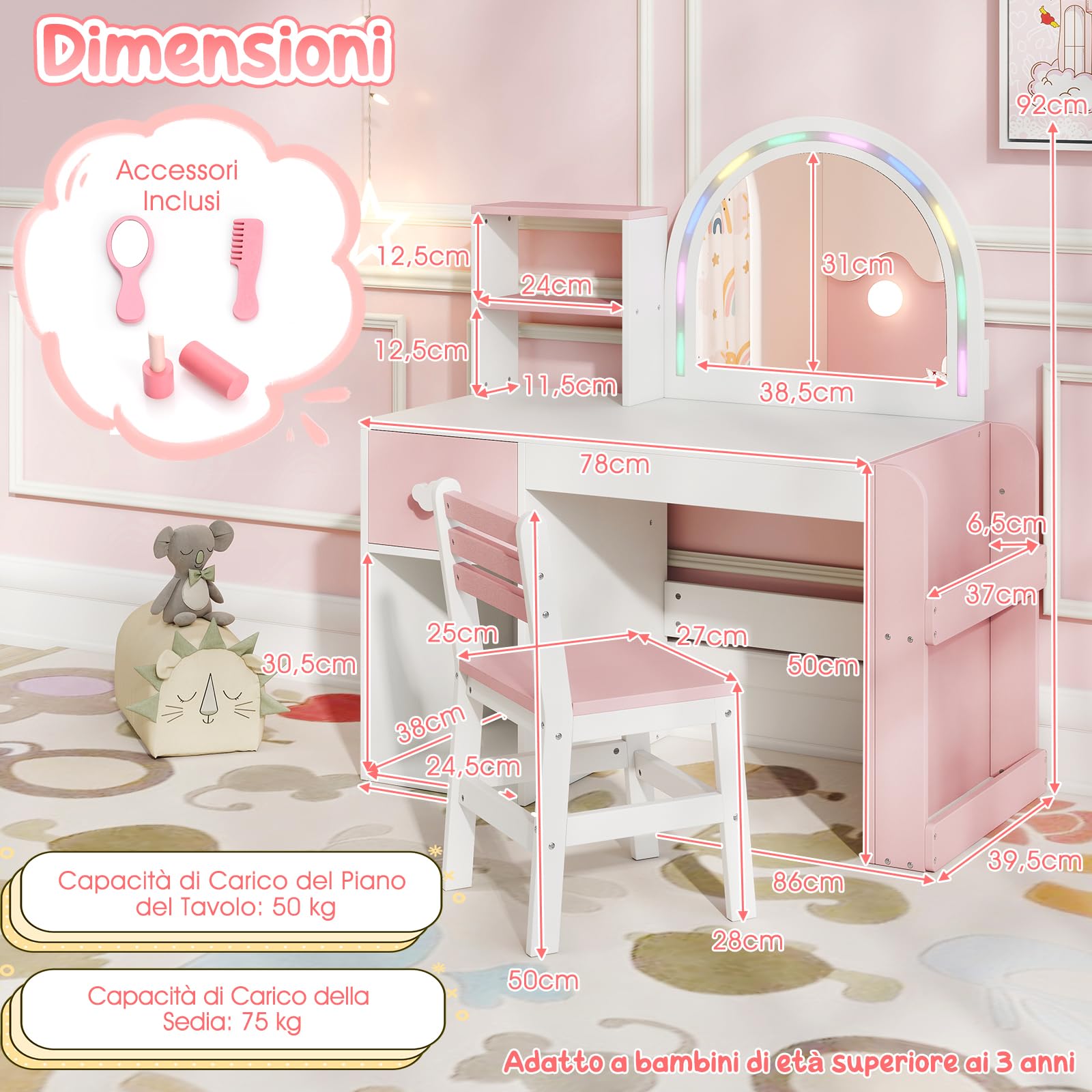 COSTWAY Toeletta Trucco per Bambina con Specchio a Luci LED, Specchiera Bambina con Sedia e 3 Giocattoli, Postazione Trucco in Legno con Ripiani Aperti e Cassetto, per Ragazza 3+ Anni (Bianco+Rosa)
