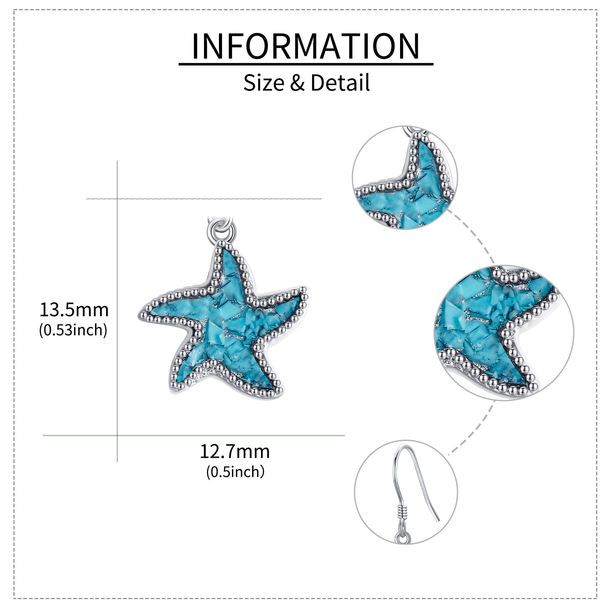 Pendientes de estrella de mar de plata de ley 925 turquesa con diseño de pez marítimo playa pendientes de playa joyas regalos para mujeres niñas estrella de mar océano regalo, Turquesa