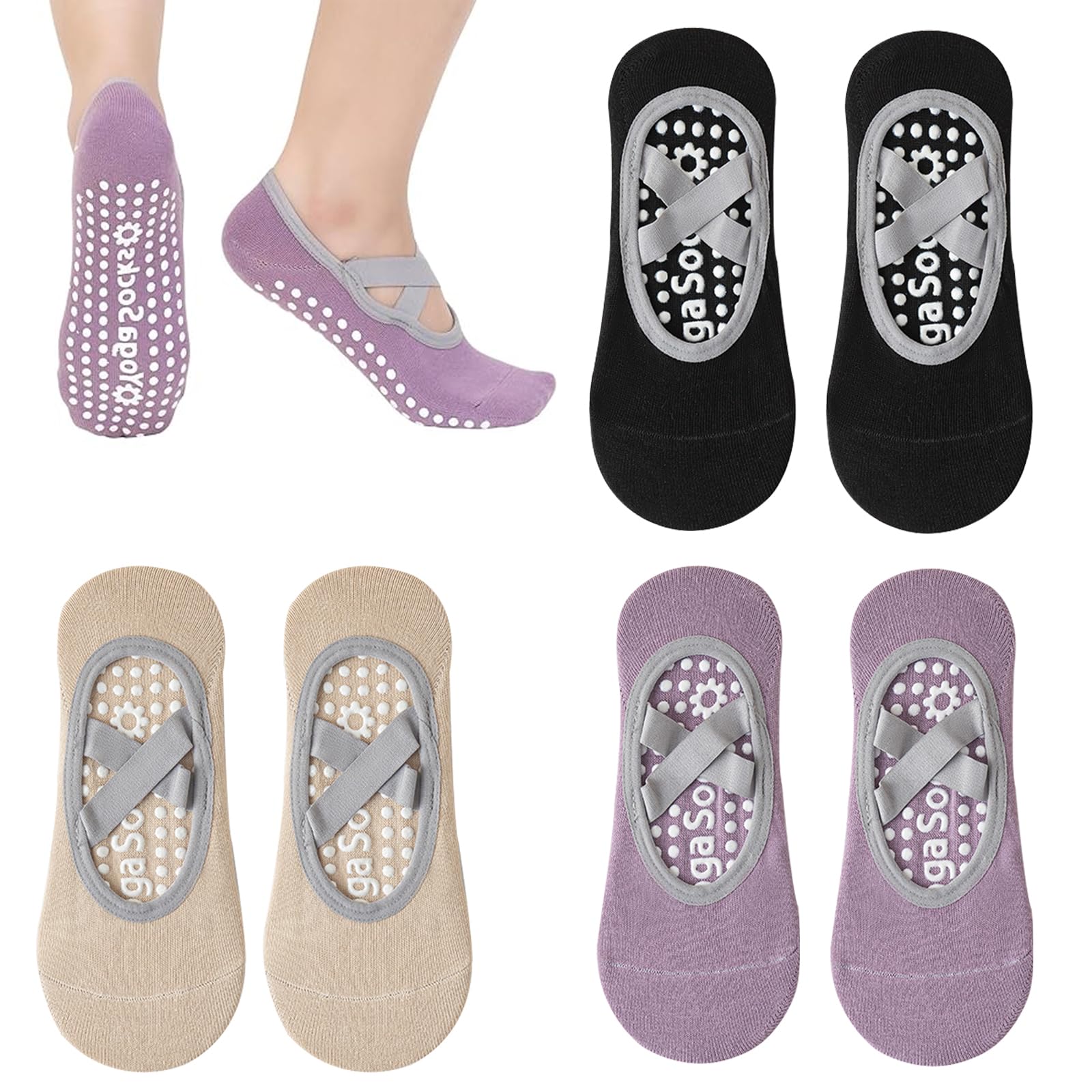 DDUP 3 Pairs Non-Slip Yoga Socks, Yoga Socks for Women Non-Slip Grips & Straps, Ideal for Pilates, Fitness, Ideal for Pilates, Fitness, Ballet, Home Workout