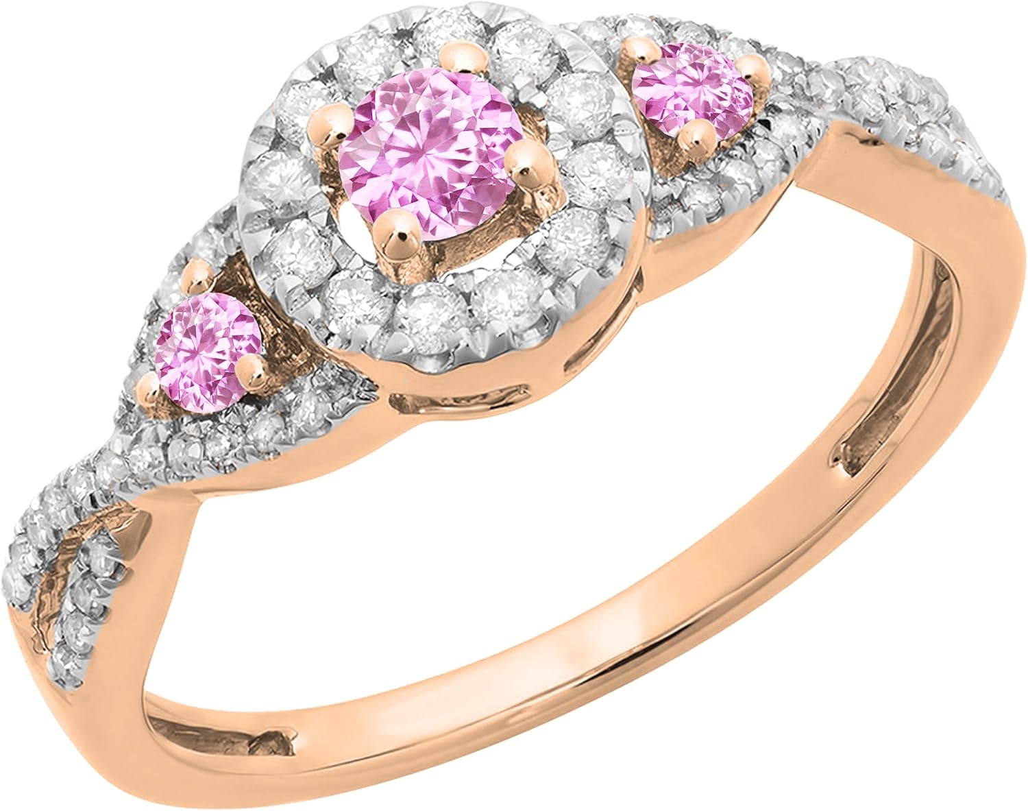 Dazzlingrock Collection Round Gemstone or Natural Diamond with White Diamond 3 Stone Swirl Halo Engagement Ring for Her in 10K Real Solid Gold