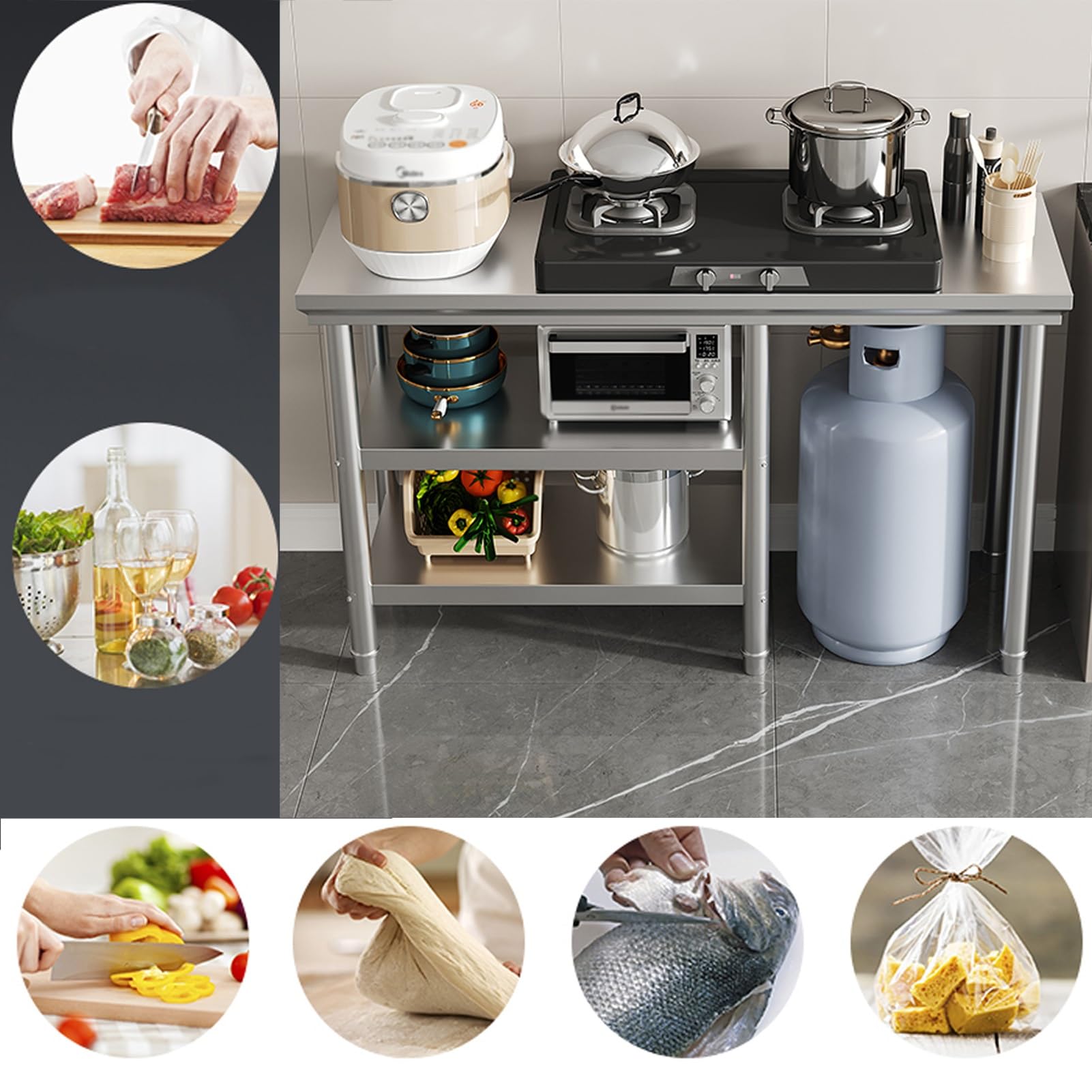 Mesa de preparación comercial de acero inoxidable, mesa de trabajo con pies ajustables para restaurante, cocina y catering