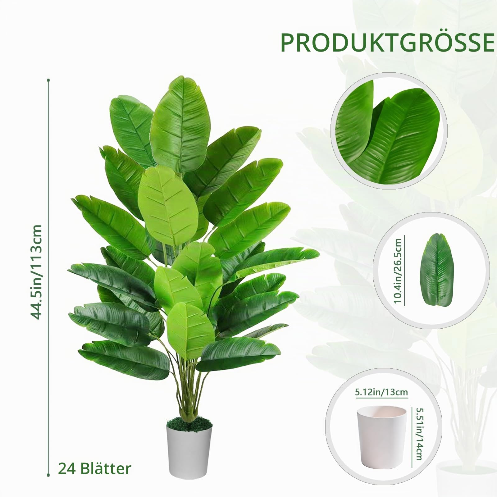 Künstliche Paradiesvogel Pflanze groß 113cm künstliche Tropische Palme mit 24 Blättern perfekte künstliche Pflanzen Geeignet als Boho-Dekoration für Wohnzimmer, Badezimmer, Büro und Garten