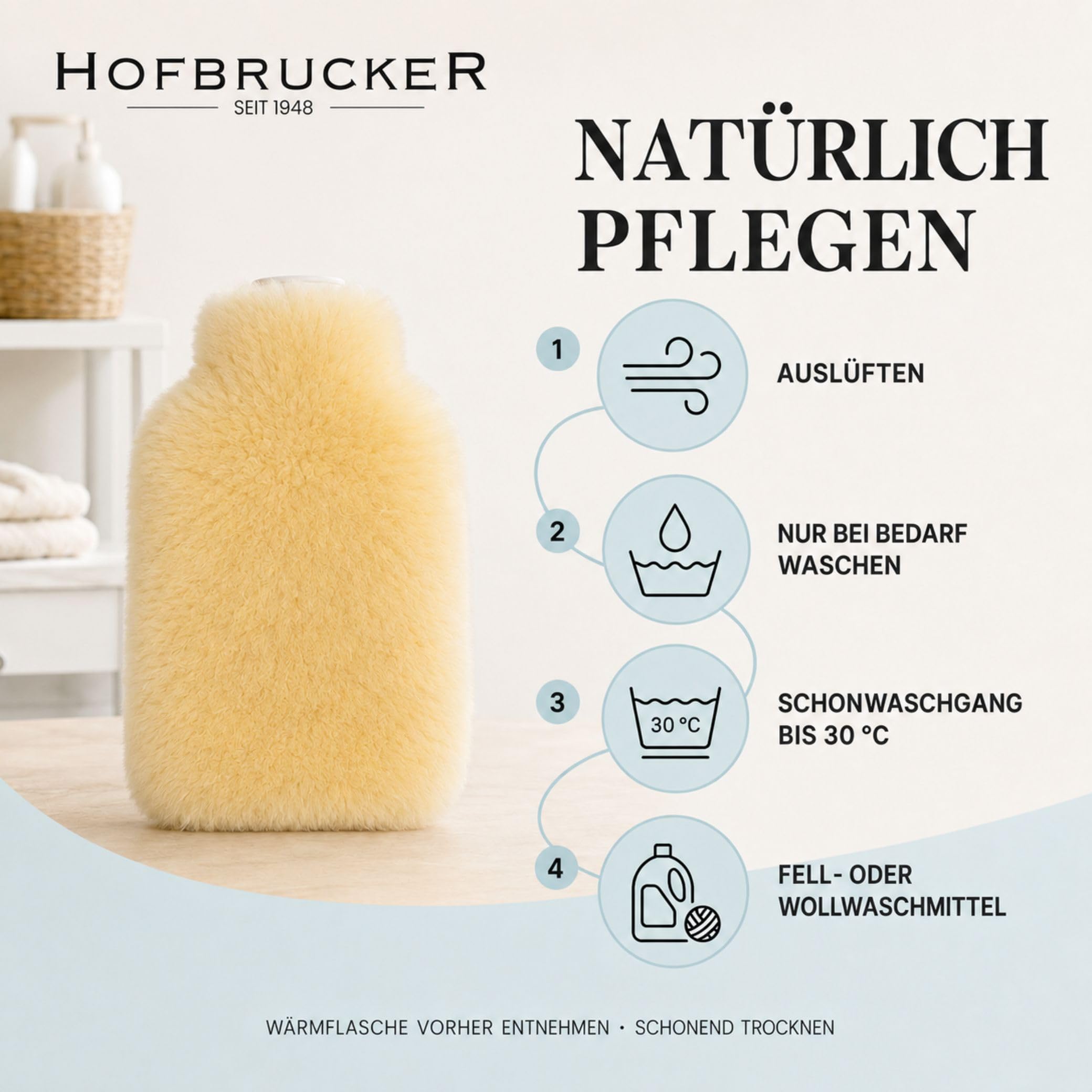 Fashy Wärmflasche mit Fellbezug - Merino-Lammfell (medizinisch gegerbt), goldgelb - temperaturausgleichend & kuschelweich - Bezug waschbar mit Reißverschluss - Made in Germany, ca. 28 × 20 cm