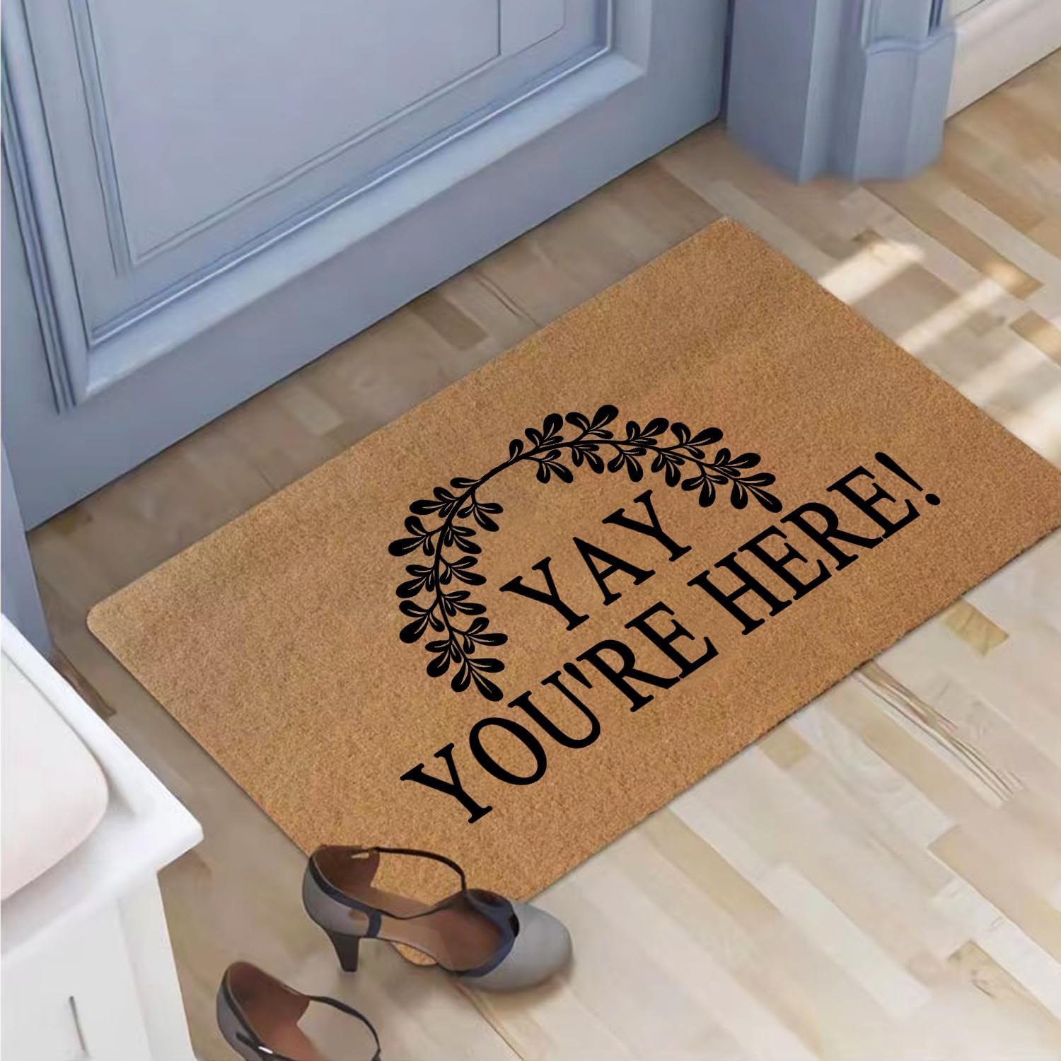 Funny Welcome Doormat Yay You're Here!Non-Slip Rubber Entrance Mat Personalized Colorful Prank Gift Housewarming 30x18 Inches