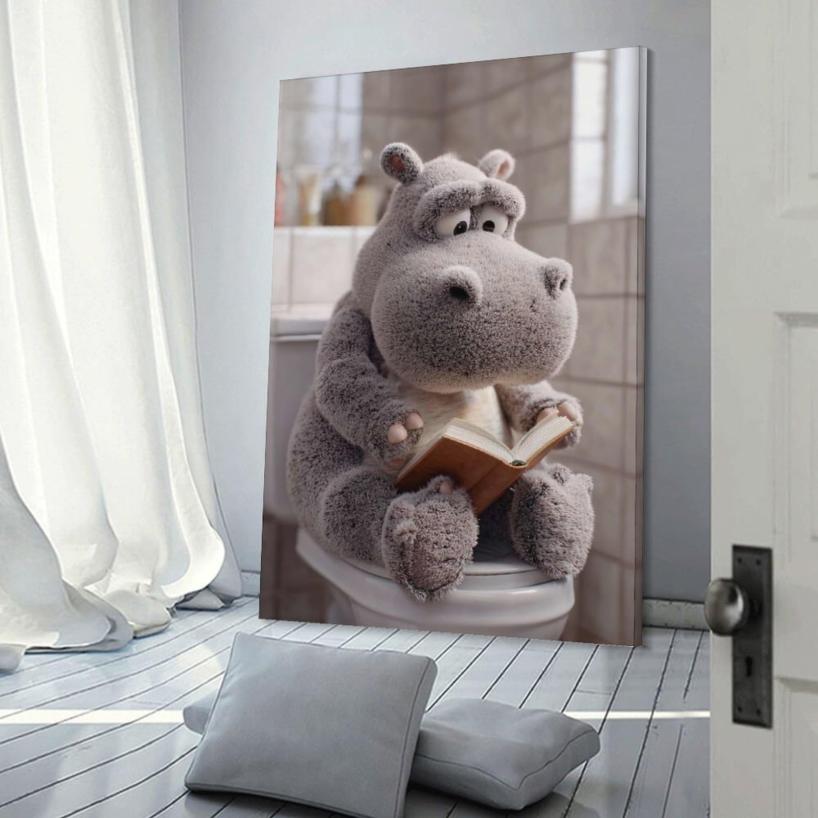 Junmoney Frame-Style-8 Hippo Reading On Toilet Poster, Picture, Metal Print, Paint By Creed Wall Picture Print, 12X18inch(30X45cm), For Gallery Wall Decor And Room Displays, A Versatile Canvas Print For Layering