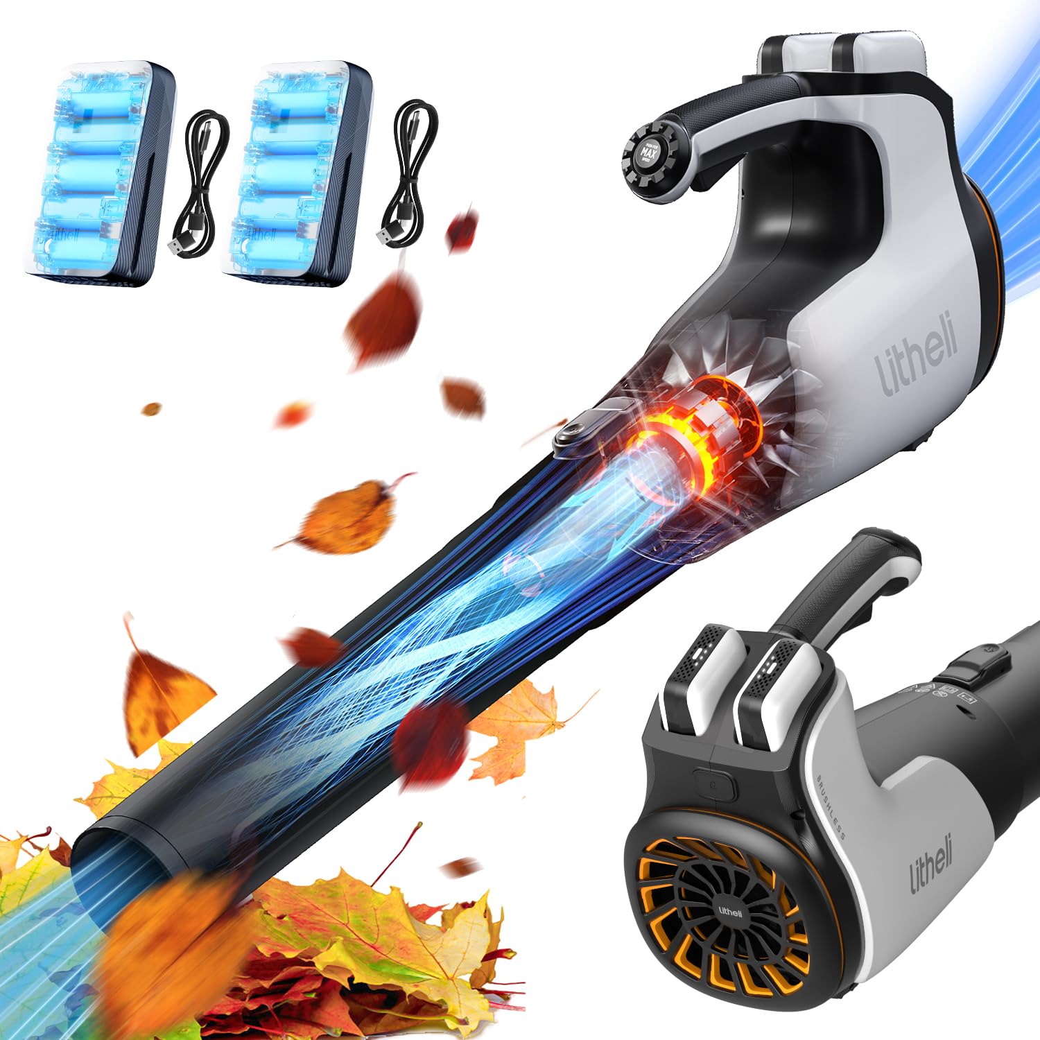 Litheli Akumulator dmuchawy do liści, 2 x akumulator 4,0 Ah, 180 km/h, 973 m³/h, do ogrodu