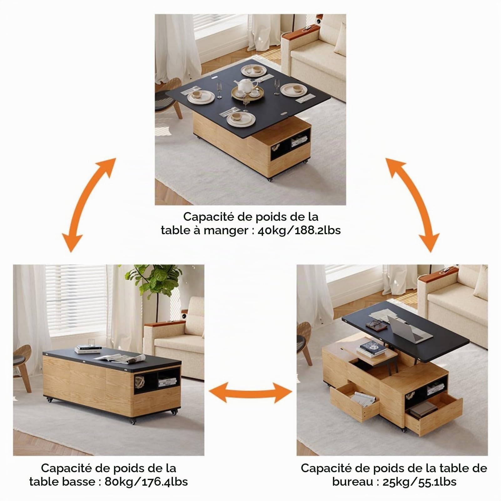 Homary Table Basse Relevable, Table Basse Salon Bois avec Rangement Caché, Mode Bureau Salle à Manger, Tournante Hydraulique, Meuble Convertible, Hauteur Réglable, Tabouret Non Inclus