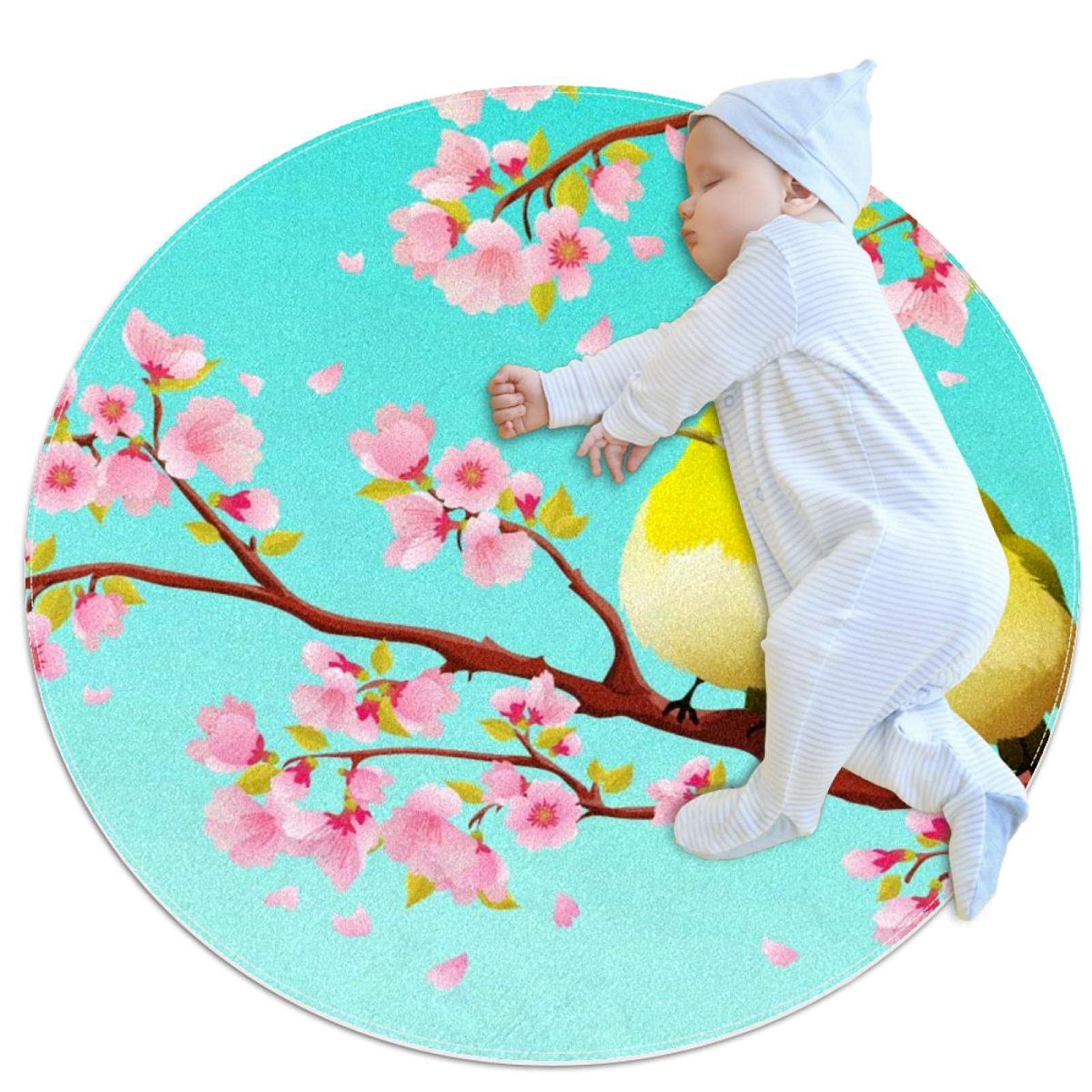Tapis oiseaux japonais fleurs de cerisier rond 100cm pour salon et chambre