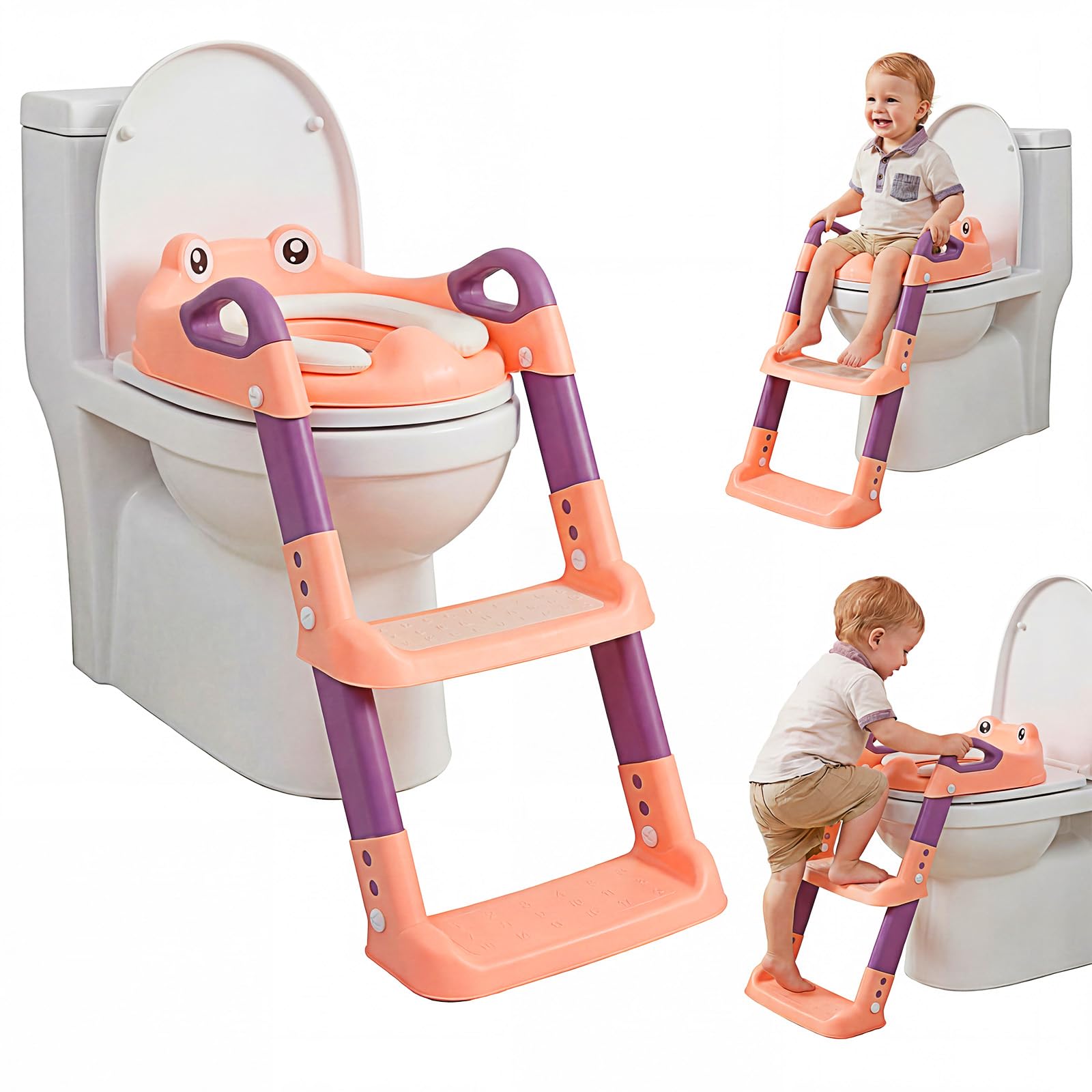 Kids Potty Training Seat, Detachable Toddler Toilet Seat Ladder with Adjustable Height PVC Soft Cushion for Toddlers Boys Girls(pink) - 1