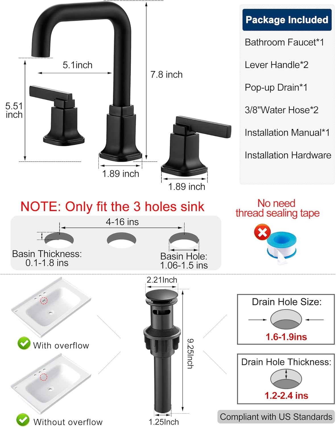 Widespread Black Bathroom Sink Faucet 4-16 Inch, 360 Degree Swivel Bathroom Faucets for Sink 3 Hole with 2 Handle & Pop-Up Drain for Classic, Farmhouse