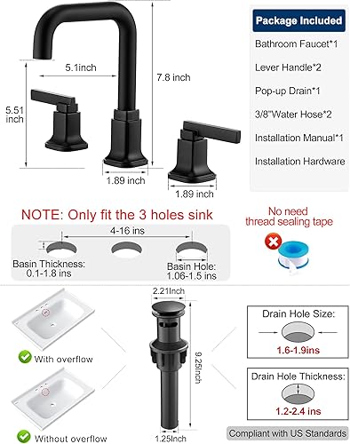 Miniatura 6 de Grifo de baño generalizado negro, grifos de lavabo de baño, giratorios de 360 grados para fregadero de 3 agujeros, grifo de fregadero de 4 a 16