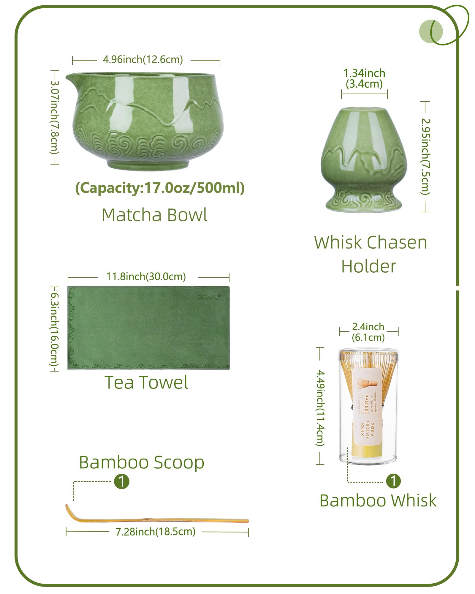 ZENS Juego de batidores de matcha, cuenco de cerámica para matcha de 17 onzas con boquilla y batidor de bambú, cuchara y paño de té, kit de 5 piezas para ceremonia de matcha, verde esmeralda