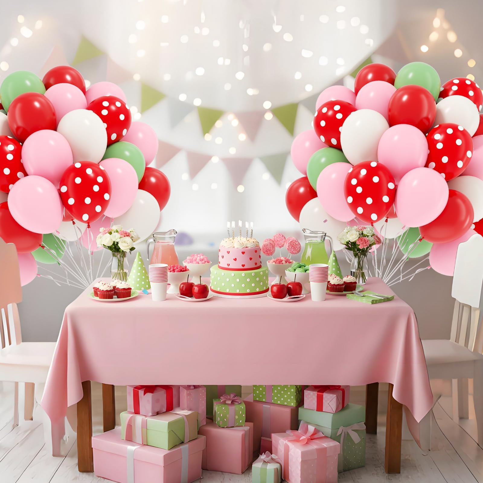 60 balonów truskawkowych 30 cm, różowe i czerwone balony z białym jasnozielonym balonem na truskawkowy baby shower, dekoracje na przyjęcie urodzinowe