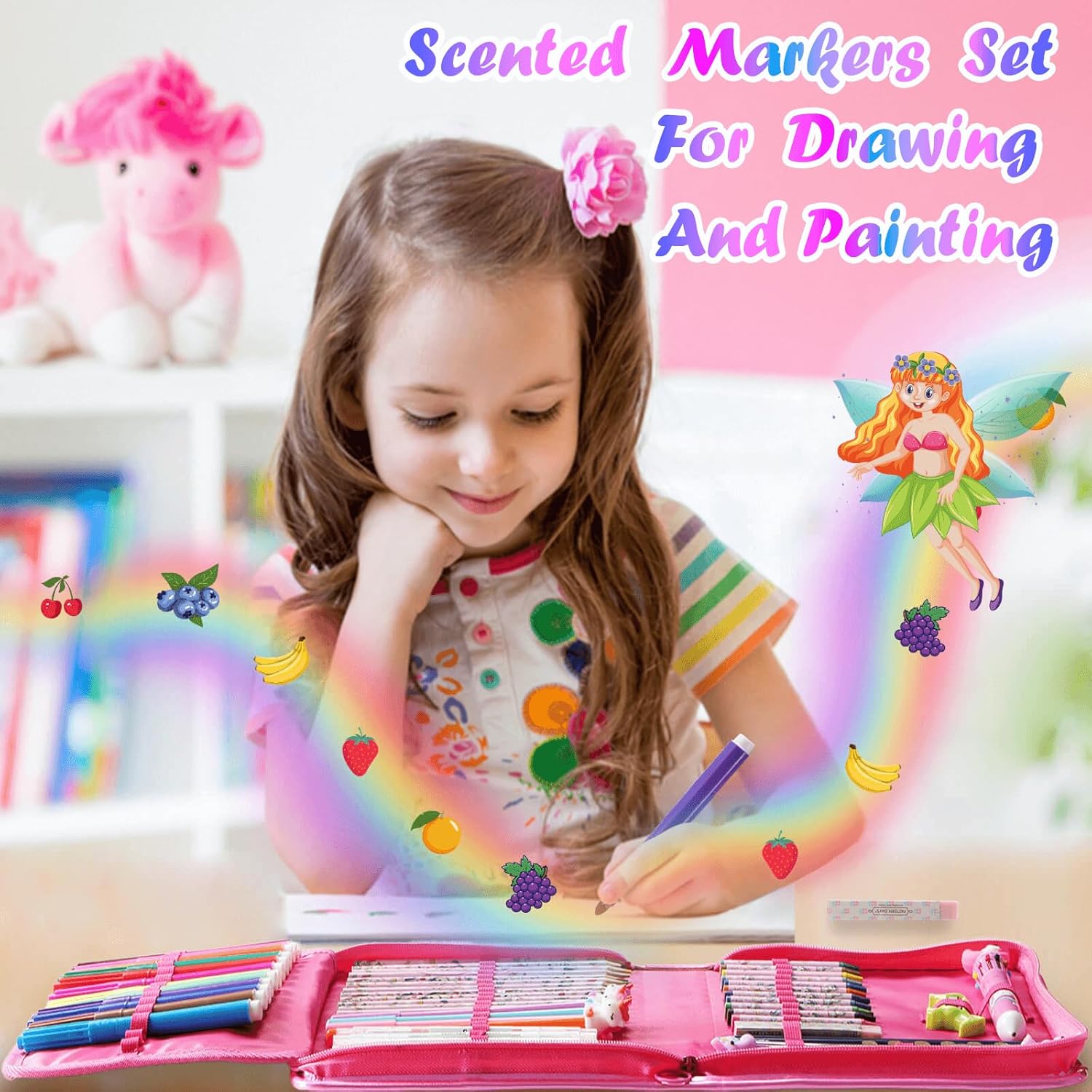 Markers Set 65 Pcs- Art Coloring Drawing Kits for Kids with Unicorn Pencil Case,Crayon&Markers Stuff, Birthday Gifts for Girls 4-12 Year Old Unicorn Rainbow - Image 3