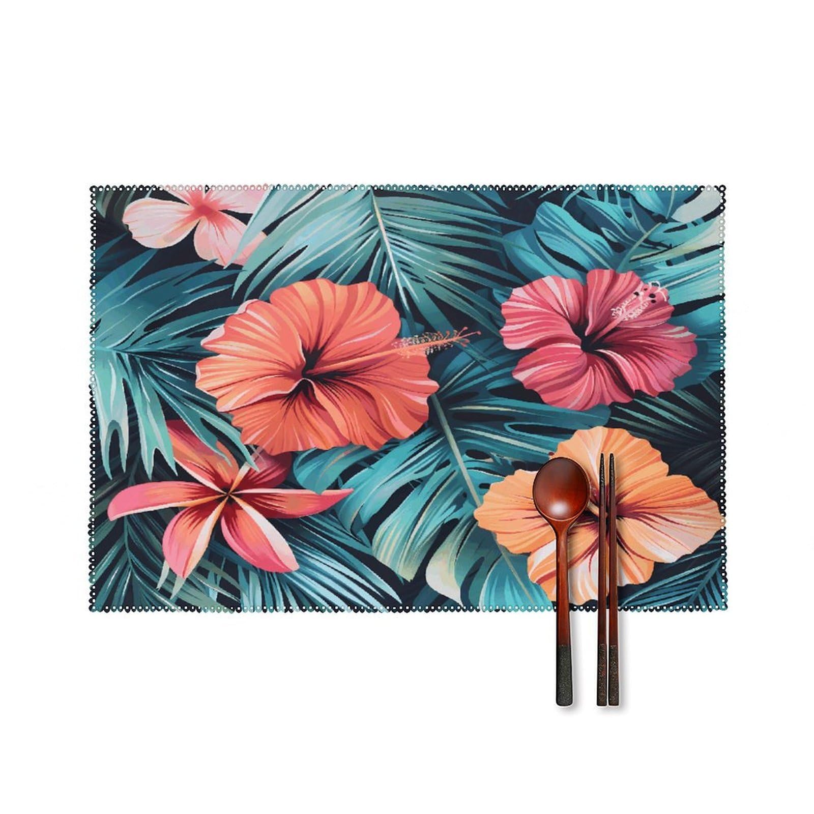 Tropical Summer Hawaiian Flower Palm Leaves Placemats Set of 6 Non-Slip Stain Resistant Indoor Outdoor Table Mat Washable Cloth Place Mat Fashion Kitchen Placemat for Dining Table Decoration 17.7x11.8