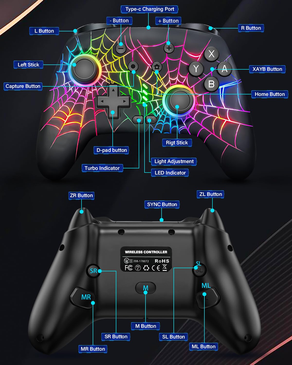 DBEPANK Switch Controller, controller wireless Pro compatibile con Nitendo Switch/Switch Lite/Switch OLED, Switch Controller Pro, Gamepad remoto ricaricabile con giroscopio a 6 assi, 10 luci RGB