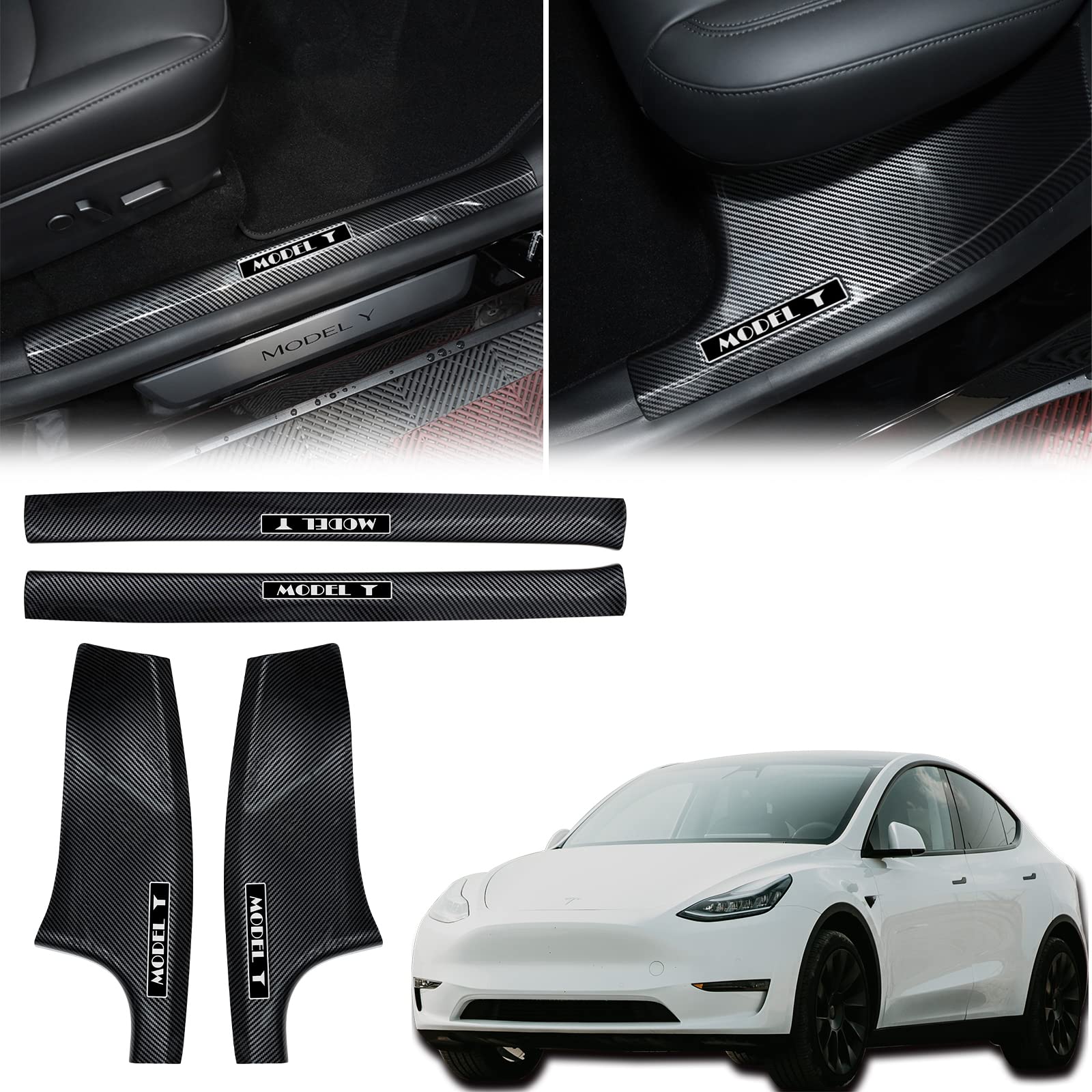 Photo 1 of Rowa Tesla Model Y Door Sill Protector Carbon Fiber Pattern Door Sill Scuff Plate Guard Front & Rear Door Sill Guards (Tesla Model Y Accessories)