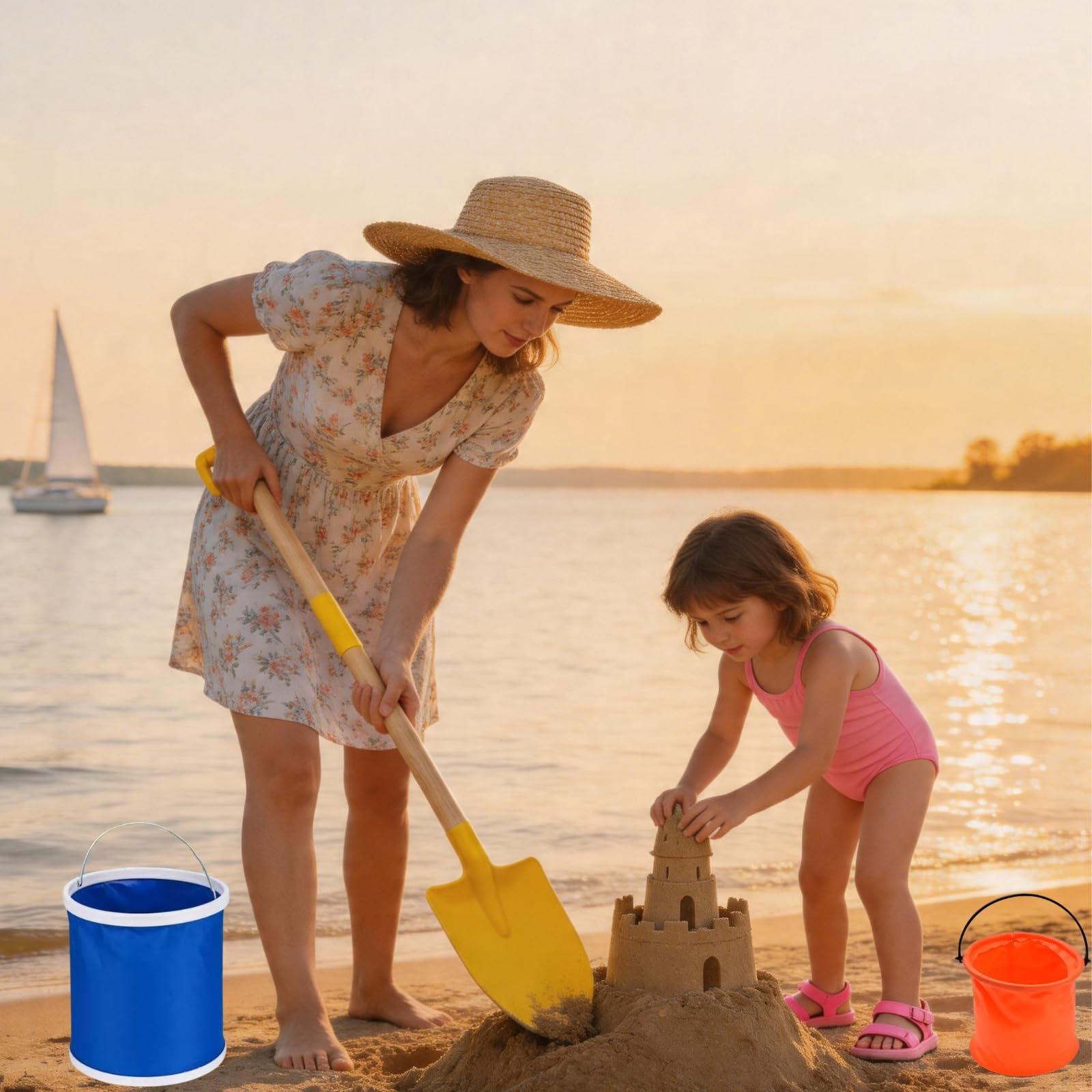 Set di 6 pala da spiaggia staccabili, con manico in legno da 71 cm, con 2 secchi d'acqua e sacchetti per riporre oggetti per bambini, per scavare sabbia e neve, attrezzi da giardinaggio (blu e giallo