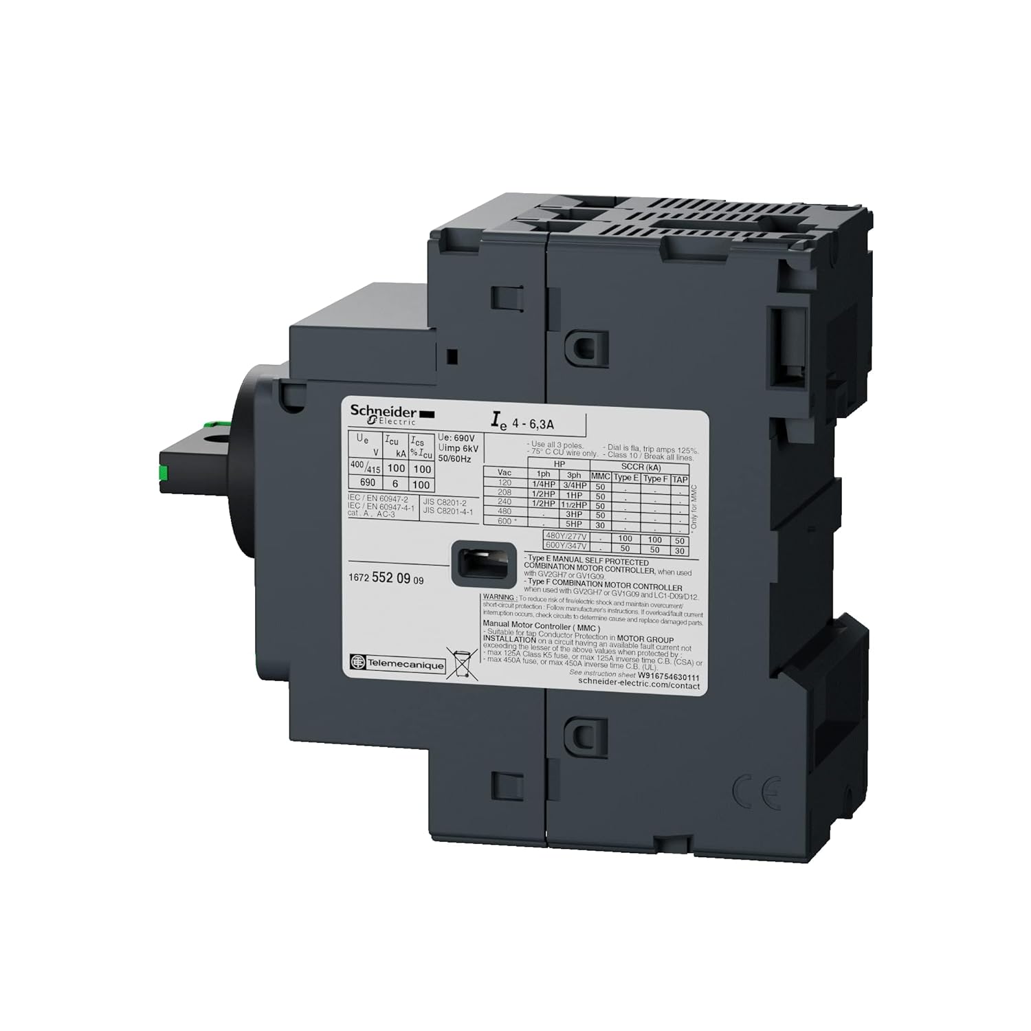 Schneider Electric Gv2p10 Motor Circuit Breaker 600Vac 6.3Amps Iec Gv2p10