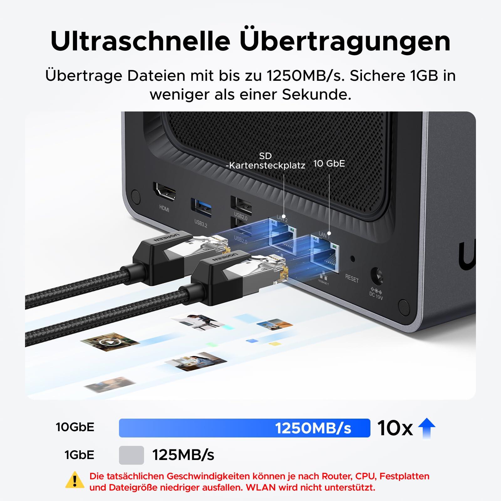 UGREEN NASync DXP4800 Plus, 4-Bay Desktop-NAS, Intel Pentium Gold 8505 Prozessor mit 5 Kernen, 8 GB DDR5 RAM, Eingebaute 128GB-SSD, 10GbE & 2.5GbE LAN, 2 × M.2 NVMe-Slots, HDMI 4K (ohne Festplatten)
