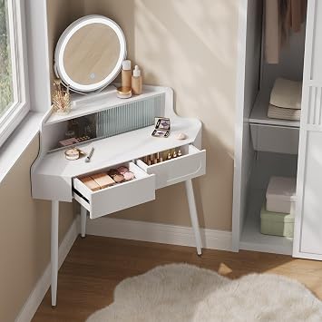 WOLTU Dressing Table with Mirror, Corner Vanity Desk, Bedroom Dressing Table with 2 Drawers 1 Closed Compartment, White Mirrored Desk, Dimmable Makeup Mirror, MB6119ws-UK