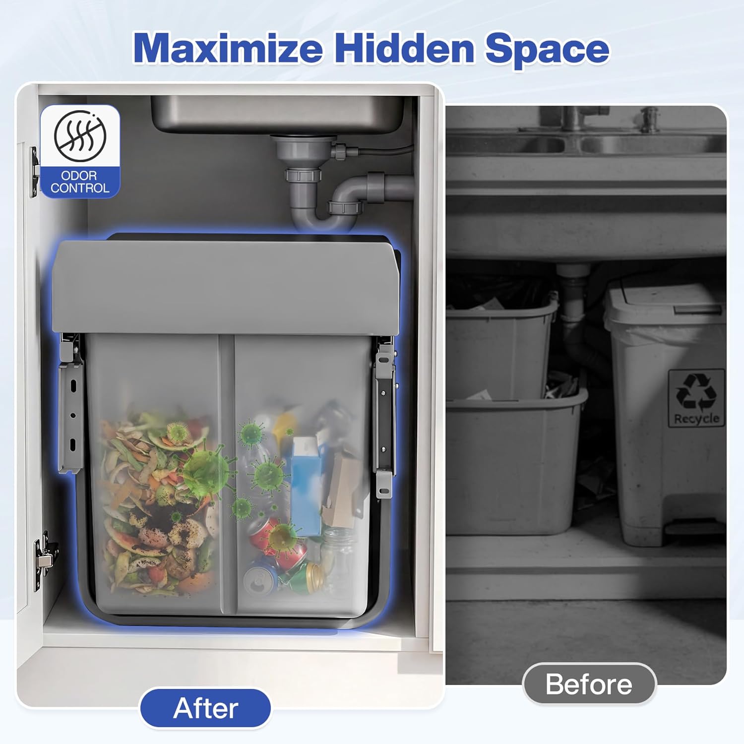 Double Pull Out Trash Can for Under Kitchen Cabinets 44 Qt with Soft-Close Slides, Under Sink Garbage Waste Recycling Bin with Lid for Cabinet, Gray