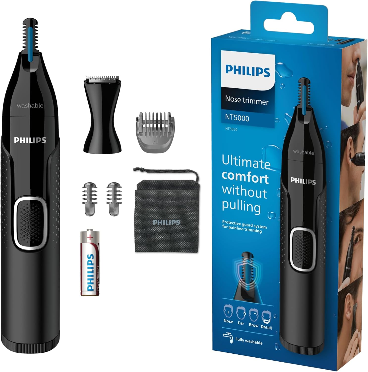 Philips Nose trimmer 5000 Series – Trim nose, ear and eyebrow hair – Fully washable – Skin protector – Stainless steel blades – Suitable for in the shower – Precision comb – Travel case – NT5650/16