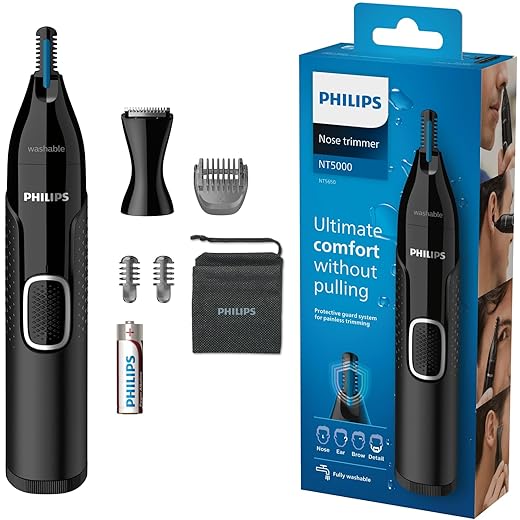 Philips Neustrimmer 5000 Serie - Trim neus-, oor- en wenkbrauwhaar - Volledig afspoelbaar - Huidbeschermer - Roestvrijstalen messen - Geschikt voor onder de douche - Precisiekam - Reisetui - NT5650/16