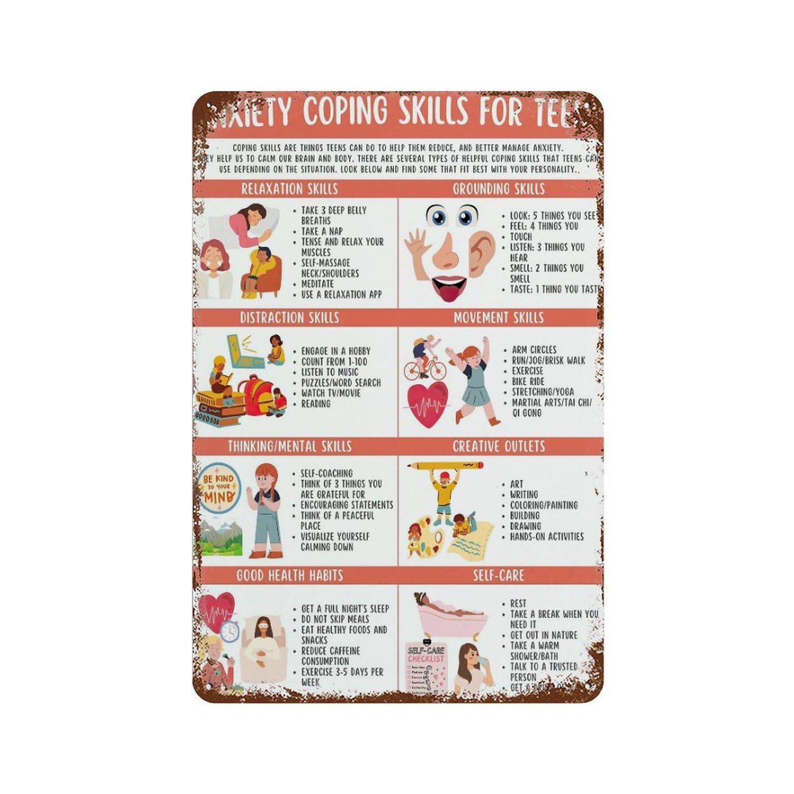 xiaoxiaoshen Anxiety Coping Skills Mental Healthy Wall Decor Art Metal Tin Poster Modern Home Decor Art Home Bar Shop Decorations Vintage Sign 30x20cm