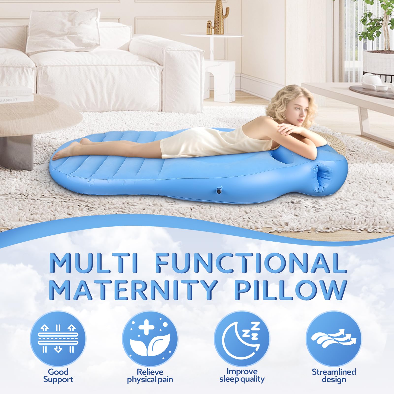 Almohada Inflable para Embarazadas, Esterilla de Yoga con Orificio, Cómoda Cama de Aire Flocada, Esterilla para Tumbarse Boca Abajo, Soporte Corporal Completo para Aliviar el Dolor(Azul)