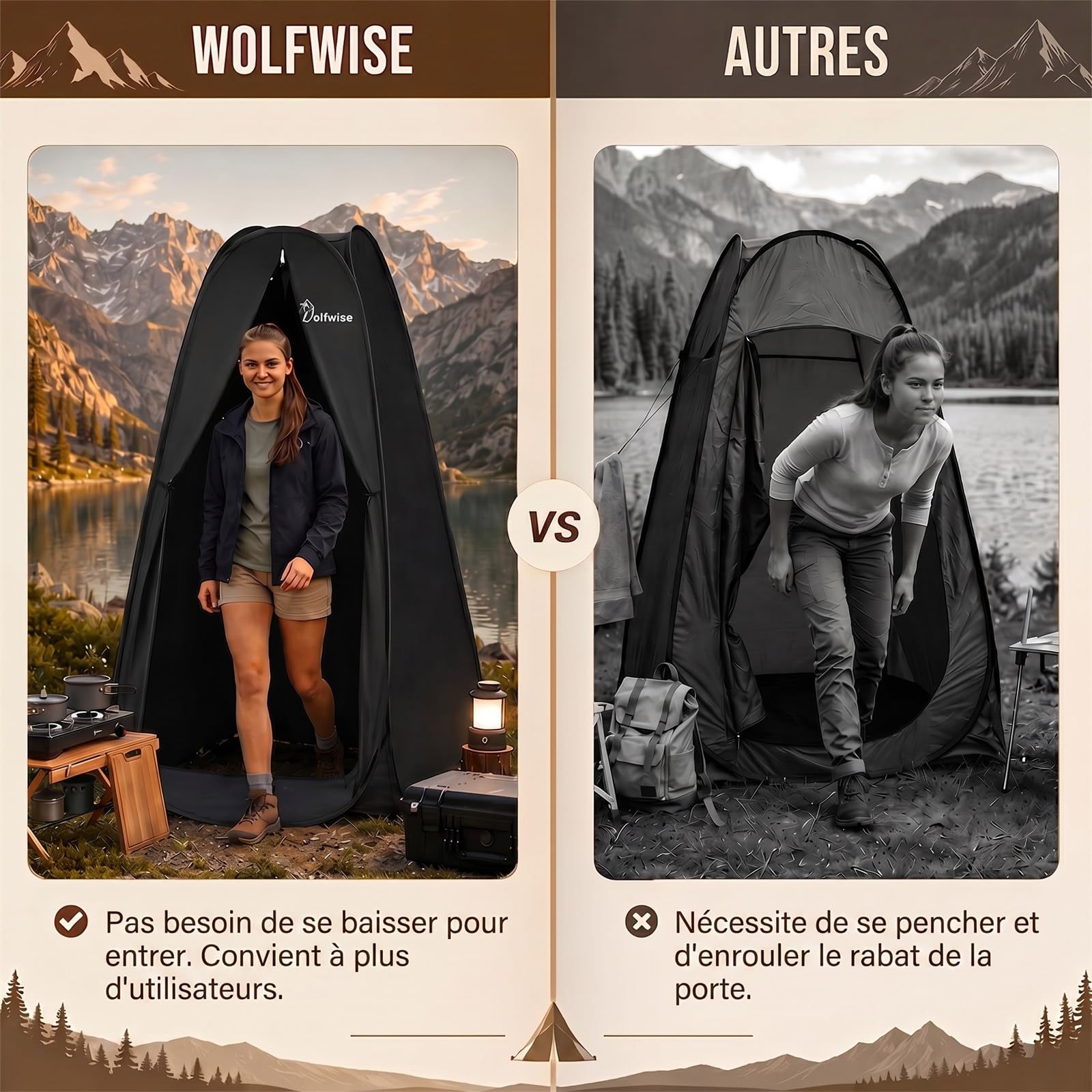 WolfWise Tente de Douche Pop Up Toilette Cabinet de Changement Camping Abri de Plein Air Vestiaire Extérieure Intérieure Portable, Largeur 39" (98 cm), Hauteur 69" (175 cm), Noir