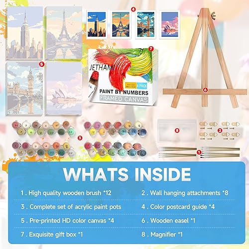 Miniatura 6 de Jethami Paquete de 4 mini pintura por números para adultos con marco, kit de pintura de paisaje por números de Easy City Landmark por números, sobre