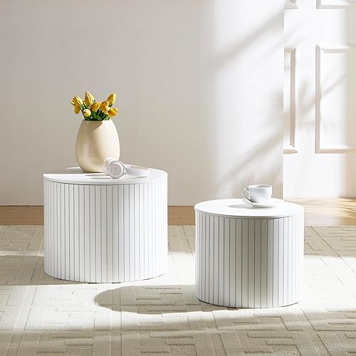 Miniatura 27 de kevinplus Juego de 2 mesas auxiliares anidables para sala de estar, juego de mesa auxiliar redonda moderno, mesa auxiliar circular de madera y Negro