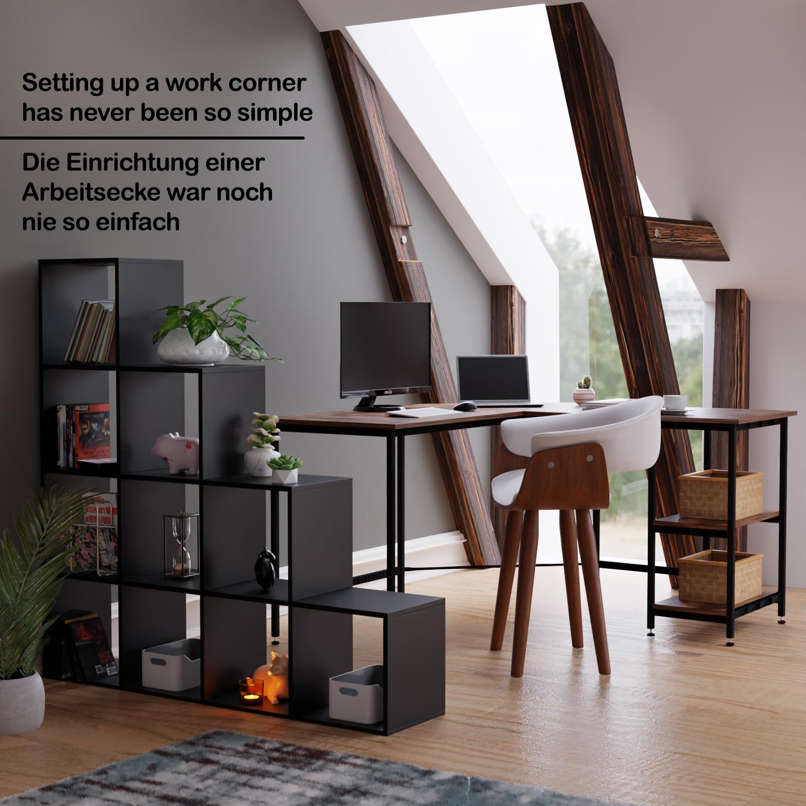 MIADOMODO® Treppenregal - Schwarz, 10 Fächer, 129,5x29x129,5 cm, für Wohnzimmer, Stabil, Offen, Freistehend, Indoor, aus MDF-Platte - Stufenregal, Raumteiler Regal, Bücherregal, Standregal